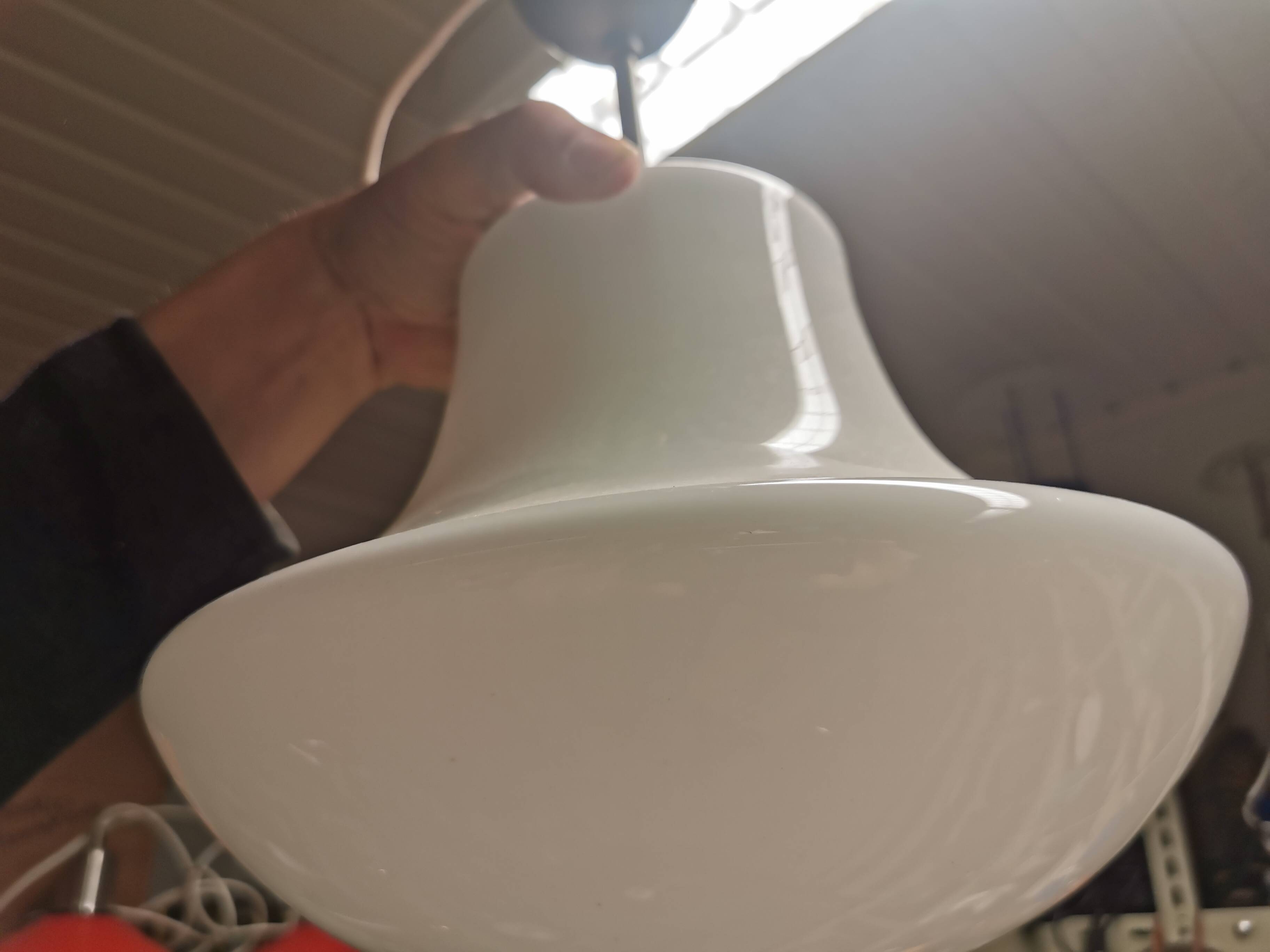 Older ceiling/hanging lamp in milky white opaline glass.