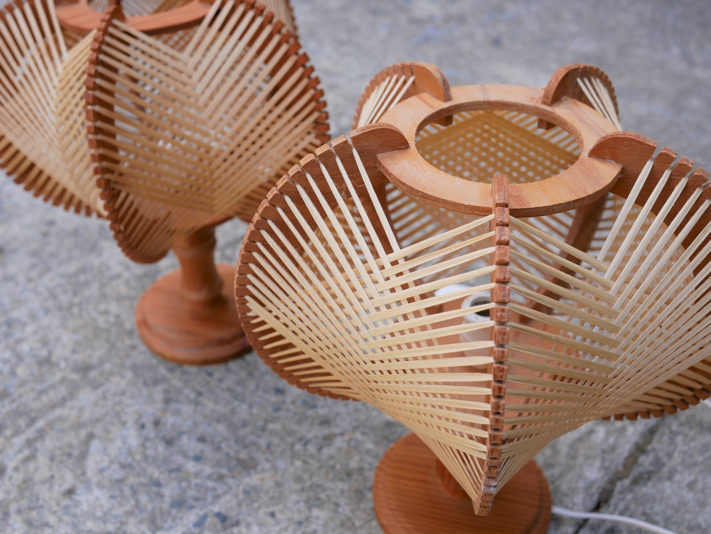 Pair of Scandinavian vintage wood and wire bedside lamps