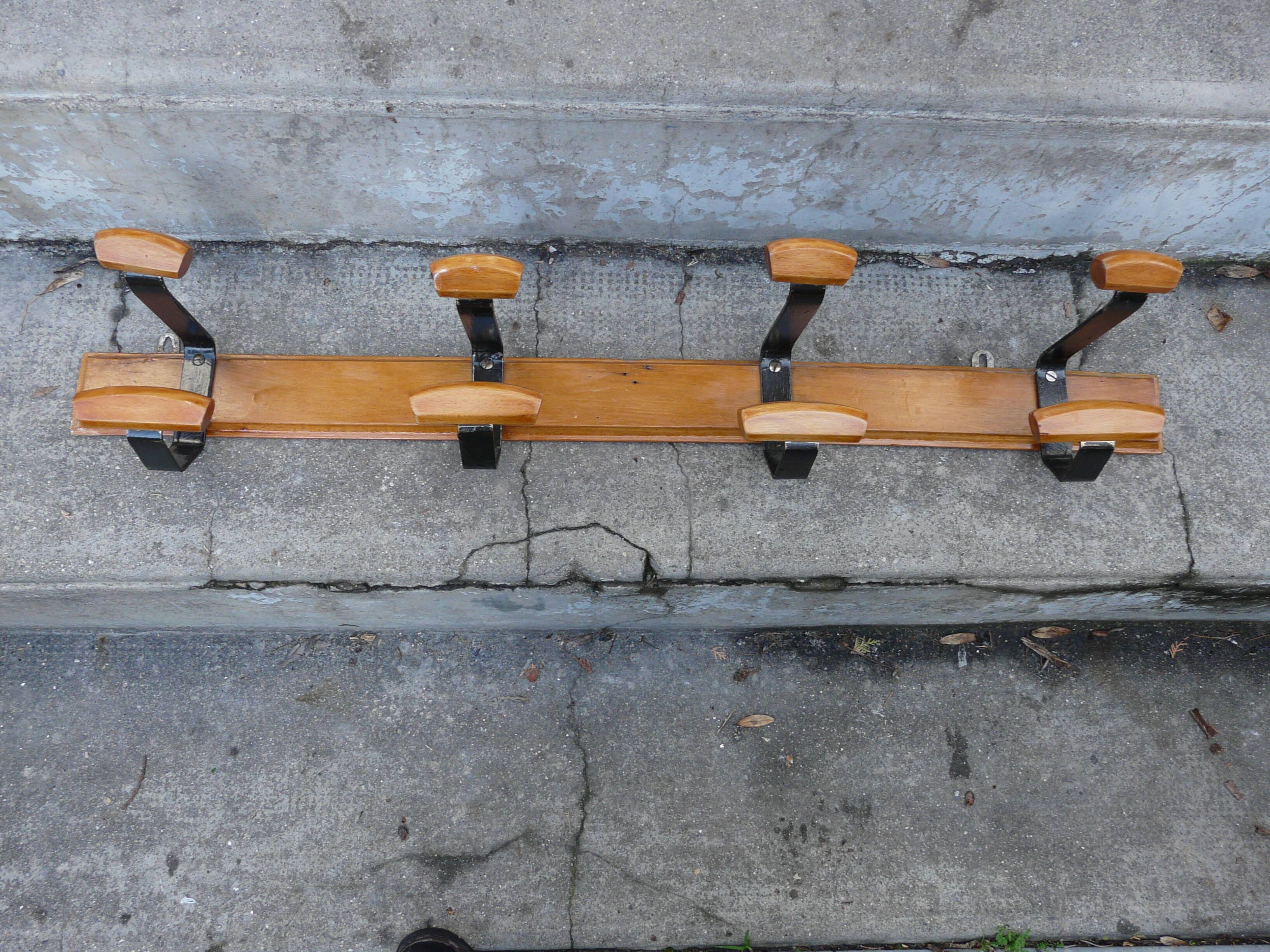 Scandinavian wall coat rack in wood and metal 8 hooks 60s 70s