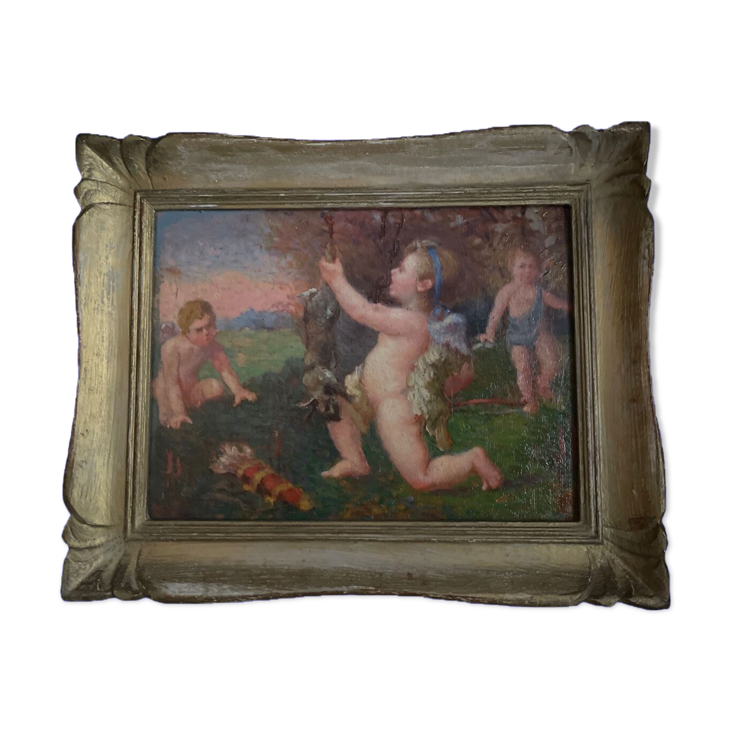 Old painting nineteenth oil on panel "Putti"