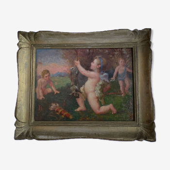 Old painting nineteenth oil on panel "Putti"