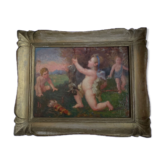 Tableau ancien XIXème huile sur panneau « Putti «