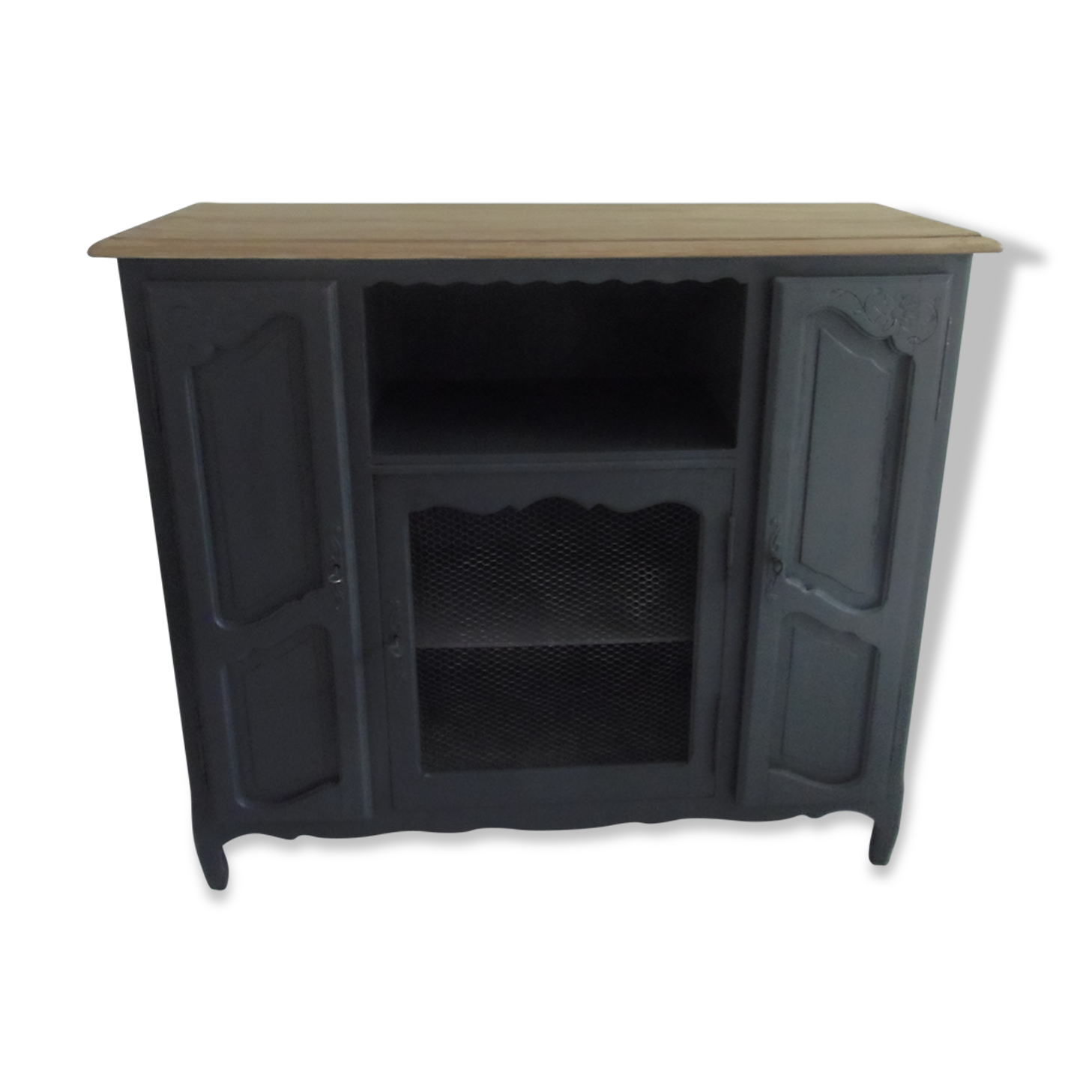 Old oak buffet style Louis XV patinated gray slate waxed wood tray