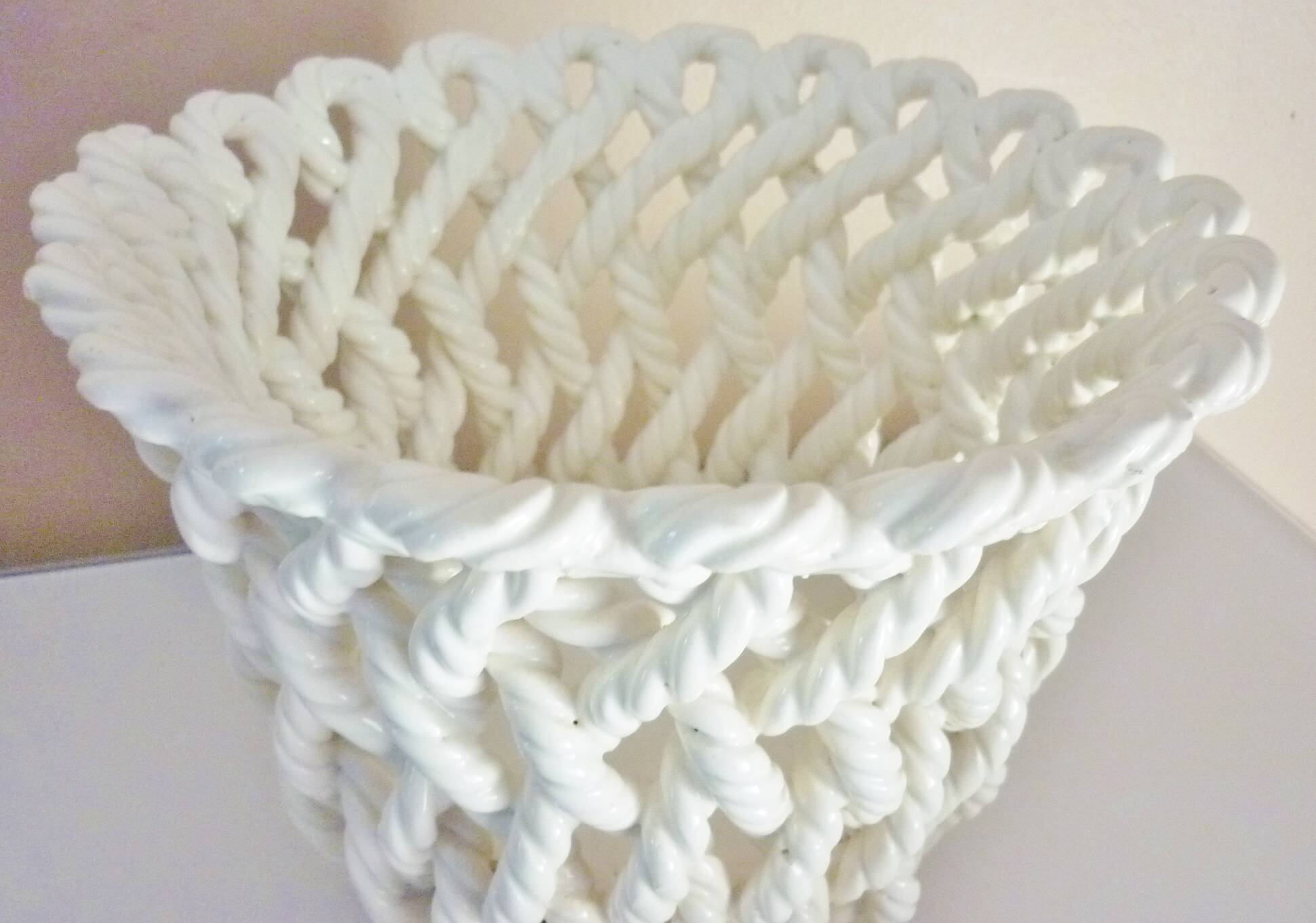 White enameled ceramic pot cover, braided, openwork, vintage