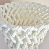 White enameled ceramic pot cover, braided, openwork, vintage