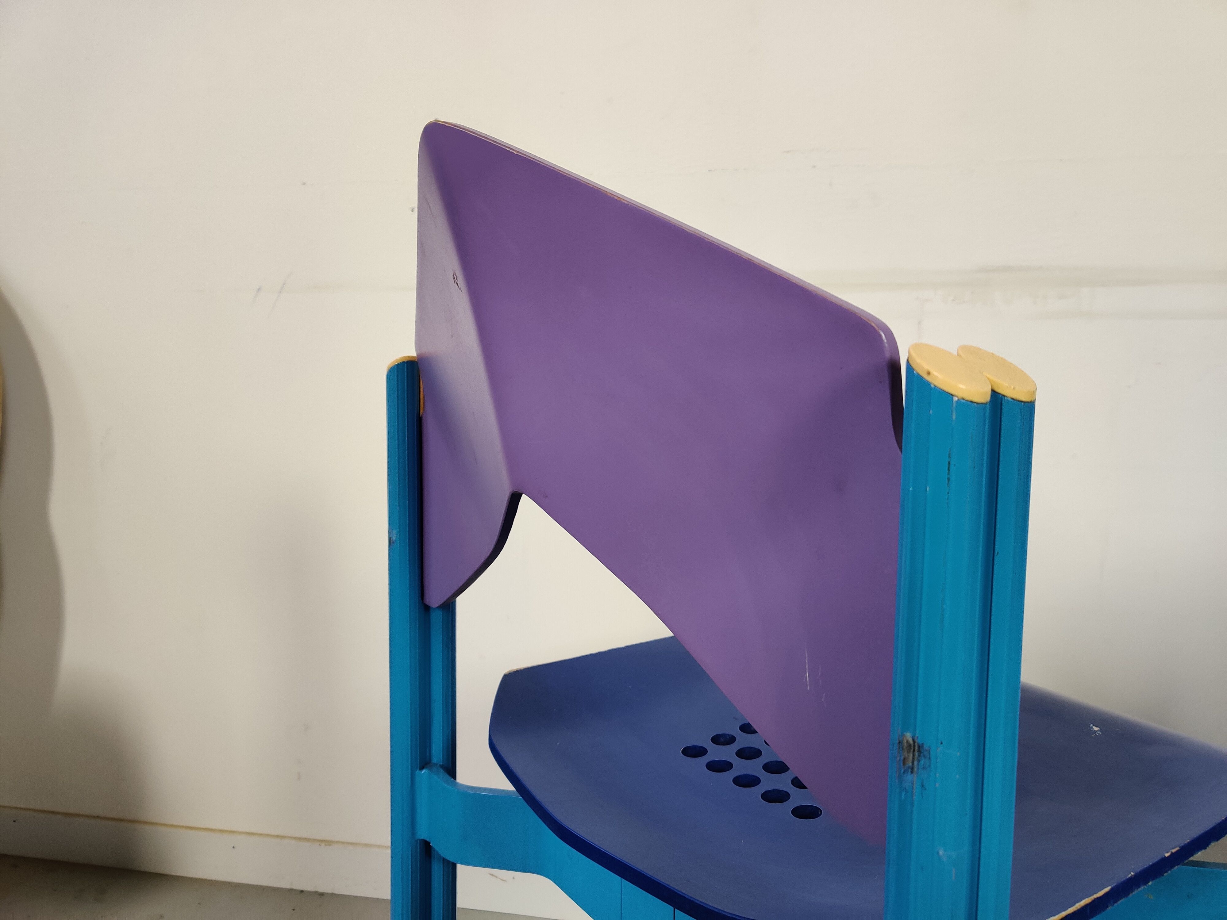12 multicolored chairs wood and metal, 80s