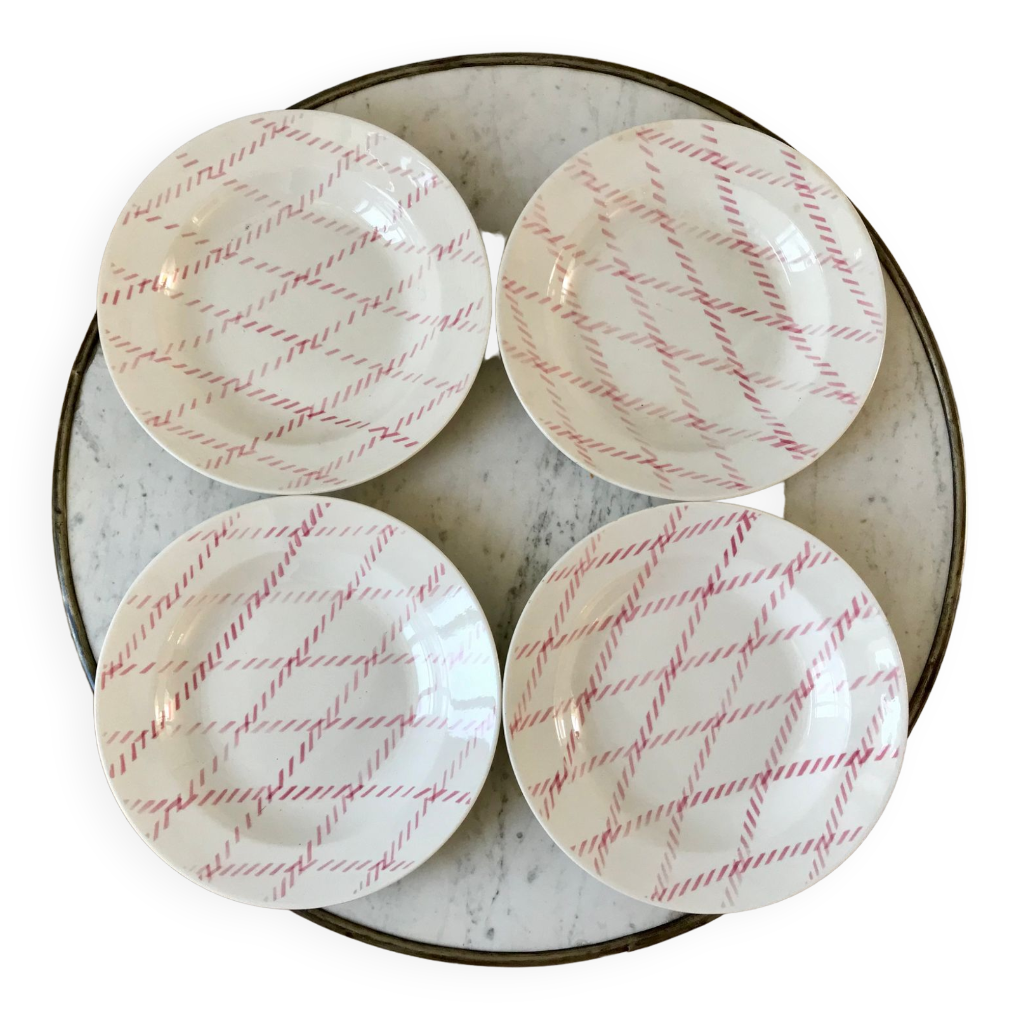 lot de 4 assiettes creuses Badonviller motif corde rose années 30