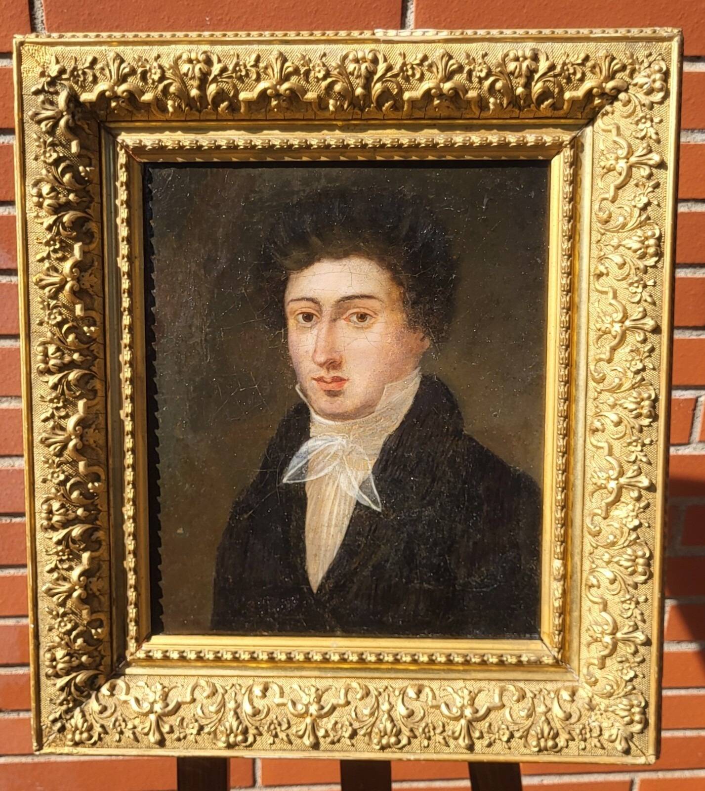 19th C. Portrait Painting Young Man Gentleman Antique