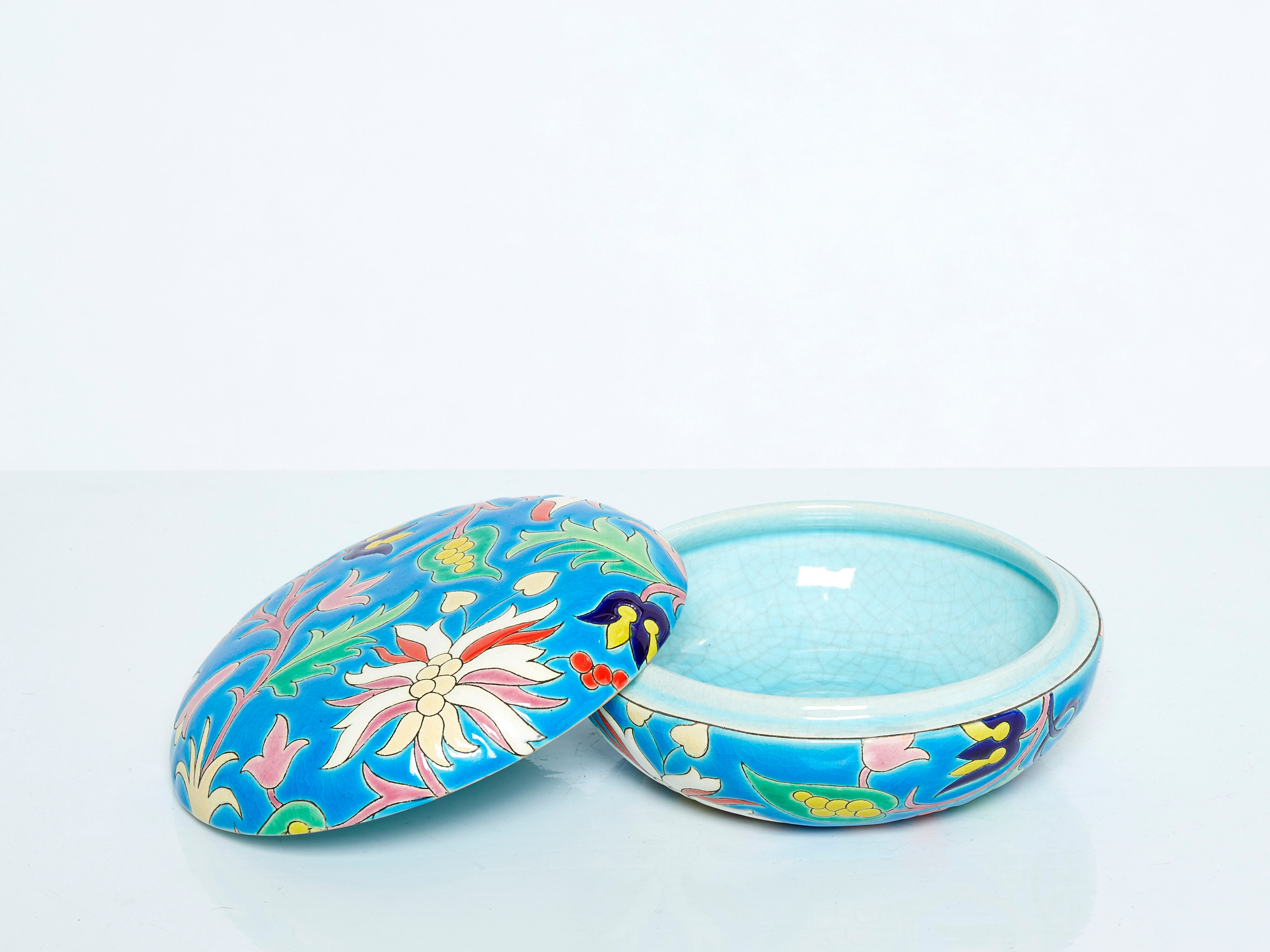 Large round box turquoise blue Art Deco Emaux de Longwy 1950