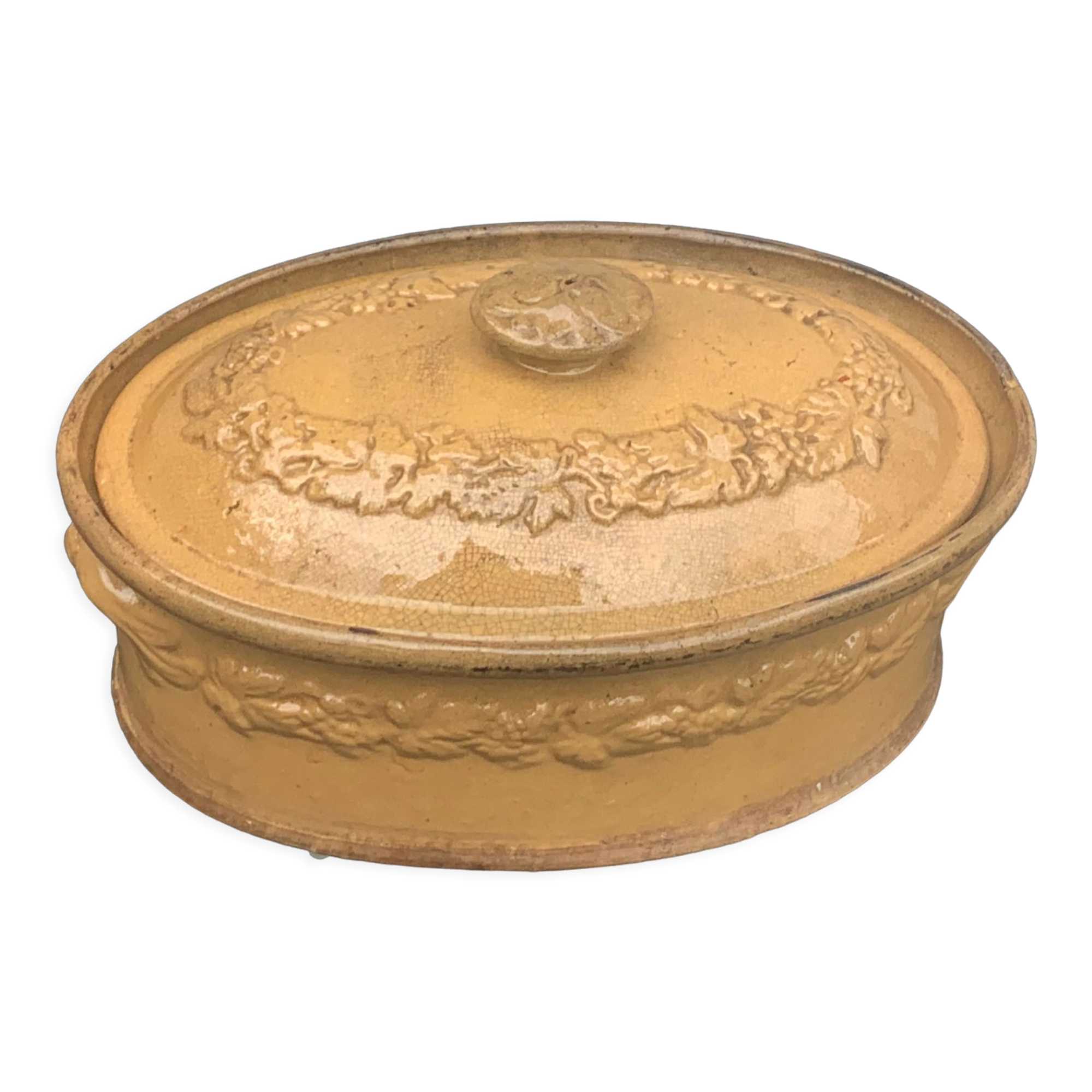 Old terrine in glazed stoneware and floral decoration mustard yellow slip