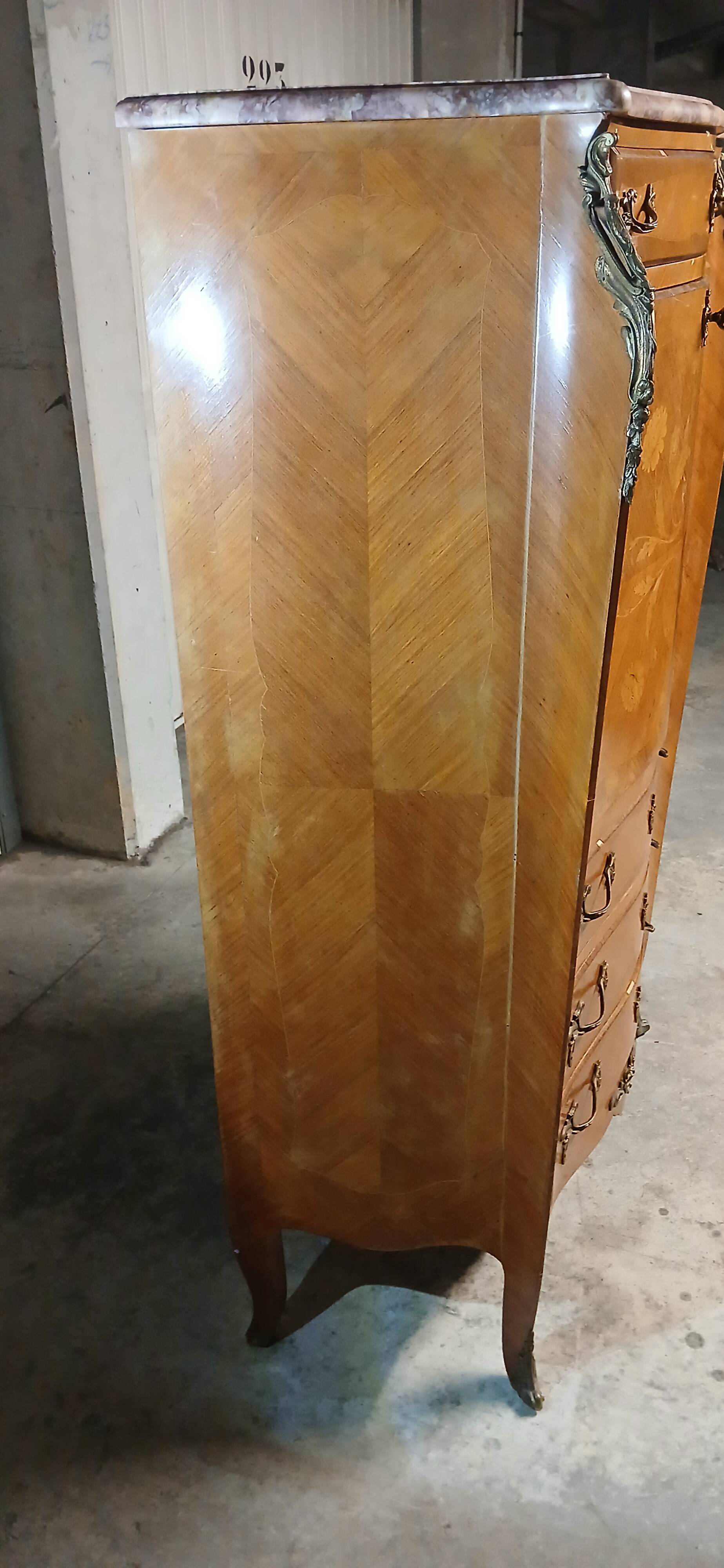 Rosewood secretary desk with floral decoration and marble top