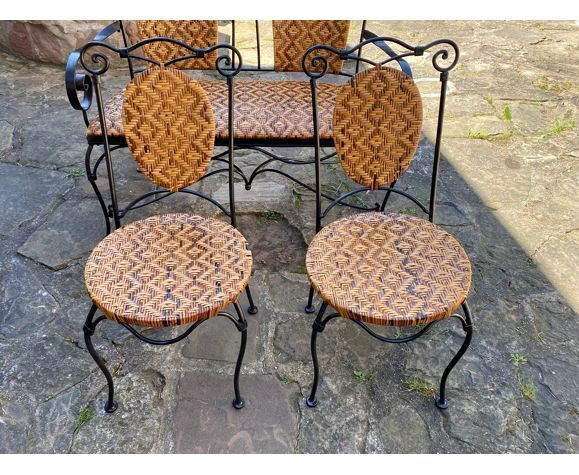 Set of vintage garden furniture sofa wrought iron and wicker, chairs & coffee table vintage 1980