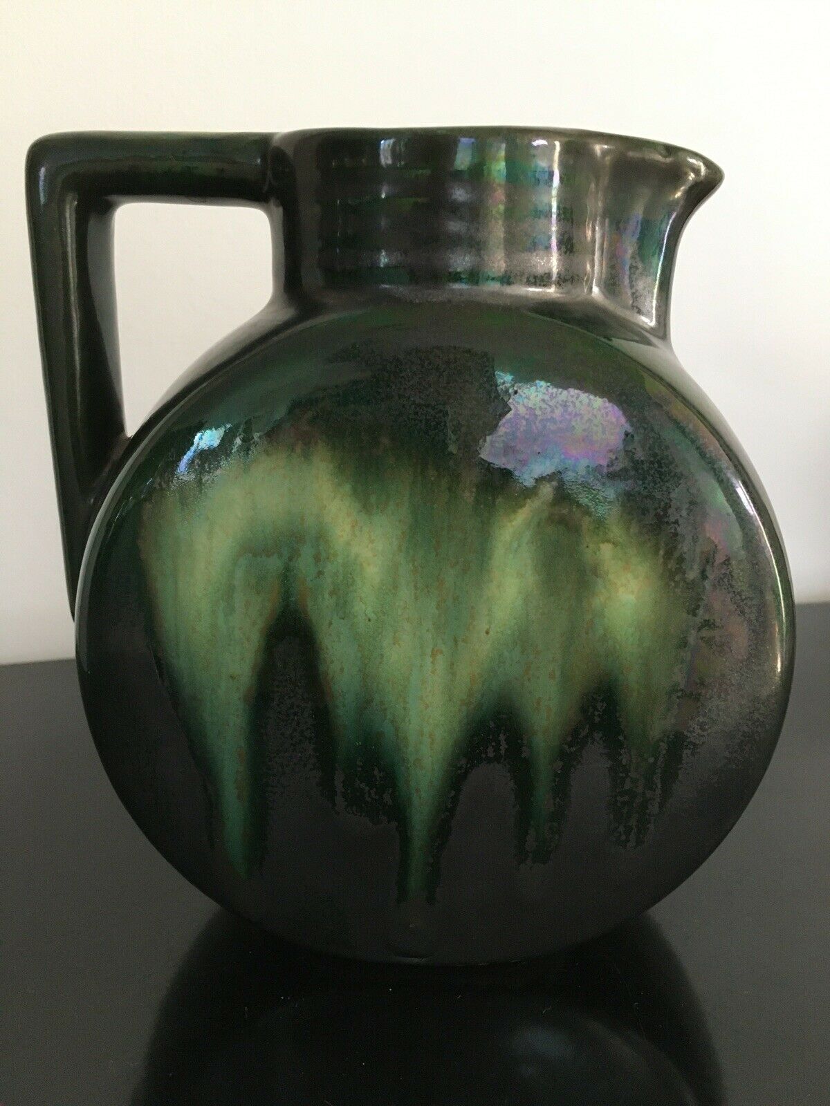 Carafe broc pitcher in green ceramic with metallic highlights