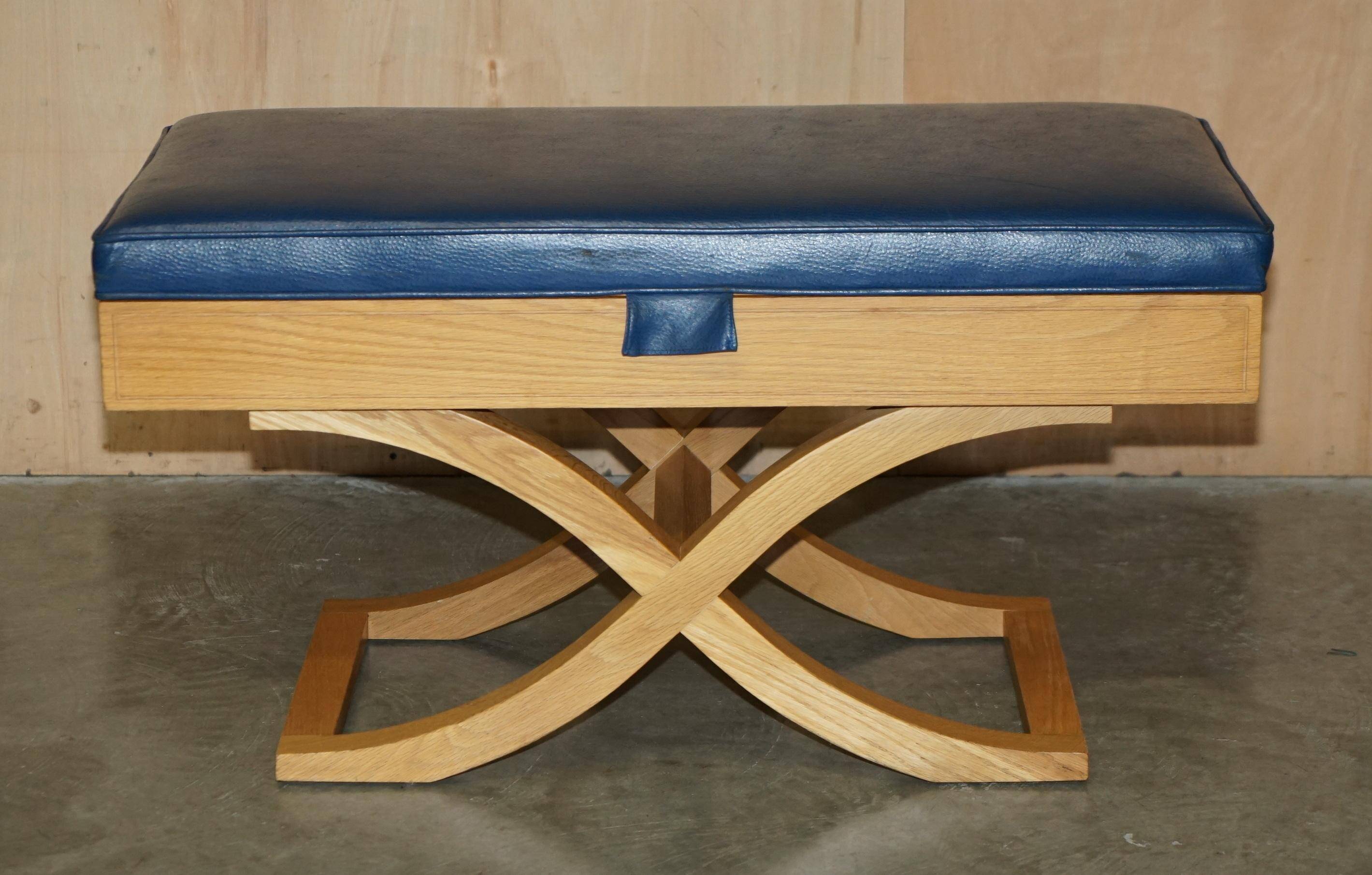 David Linley Hall bench in ostrich leather and satinwood with storage.