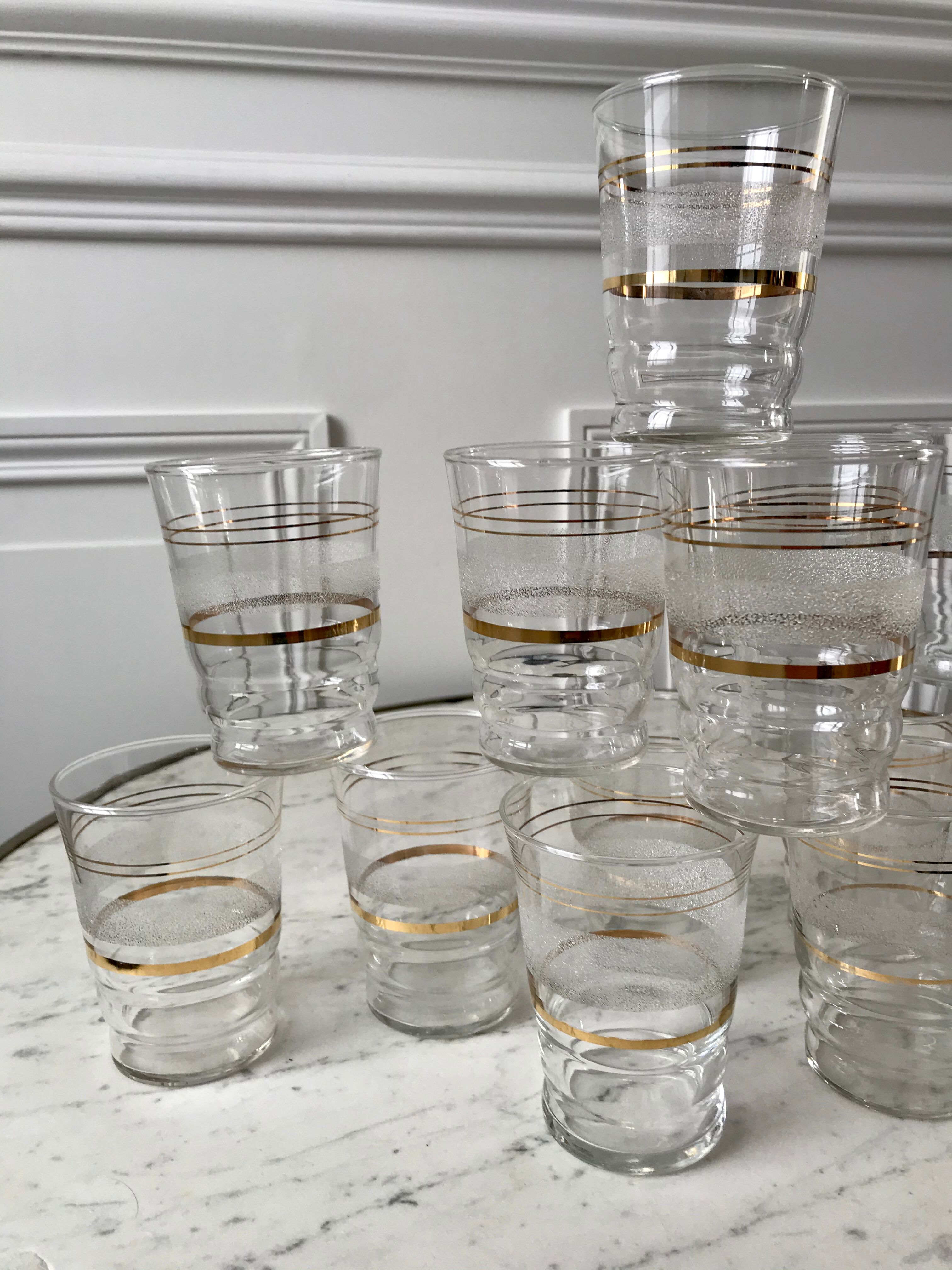 Set of 13 granite water glasses with golden borders 50s-60s