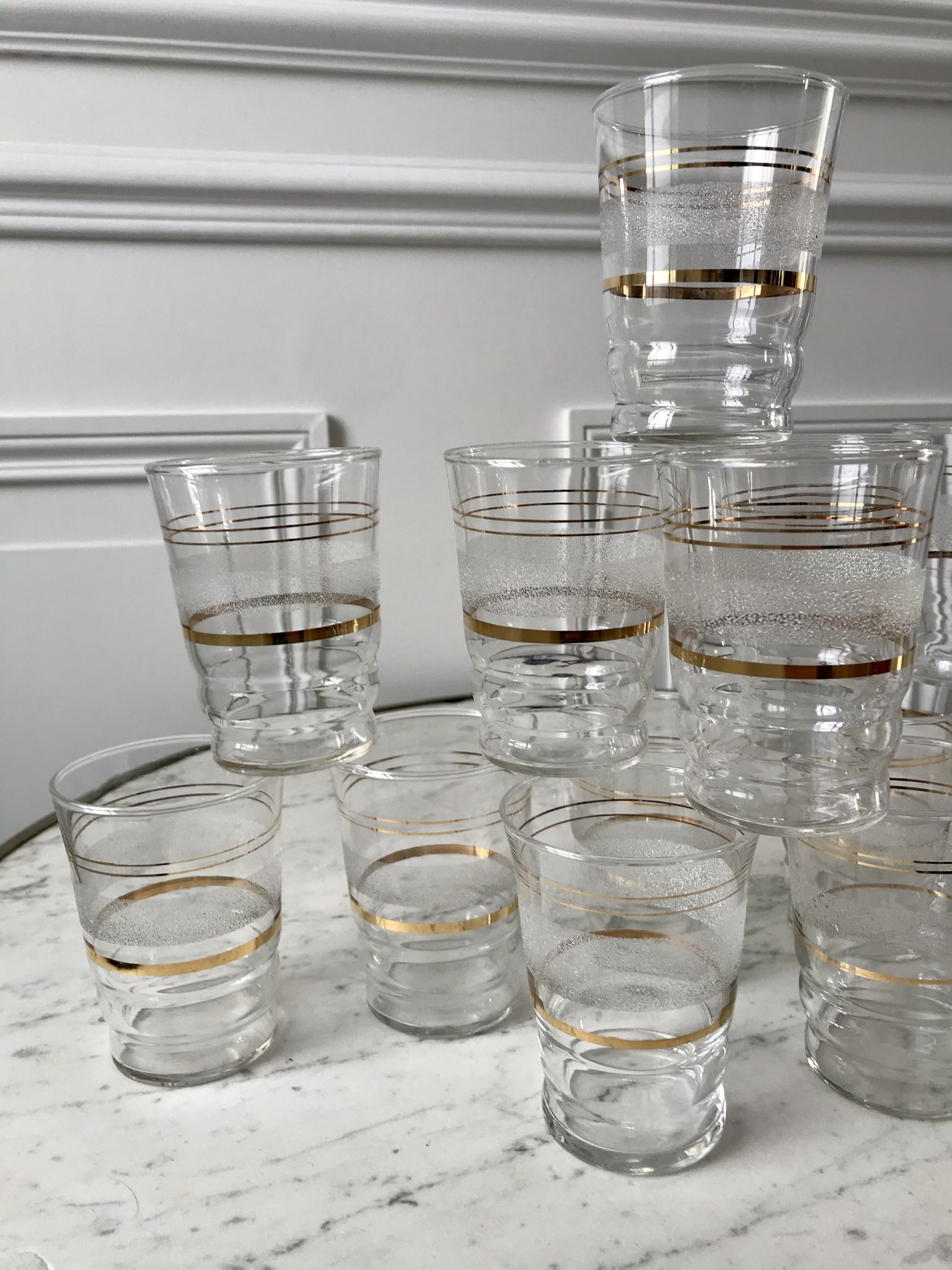 Set of 13 granite water glasses with golden borders 50s-60s
