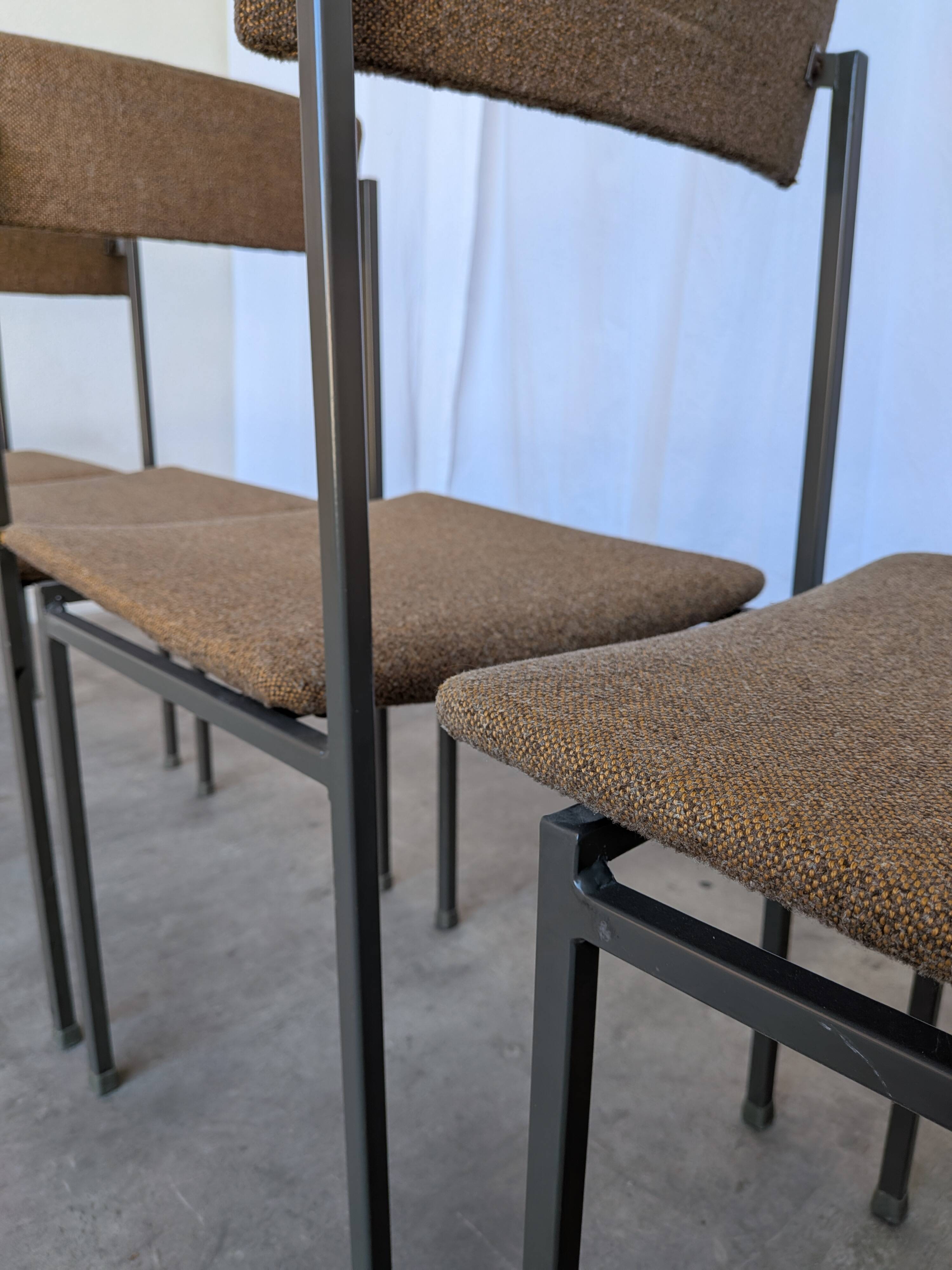 Set of 6 Vintage Industrial School Chairs: Brown Fabric, Black Metal Base