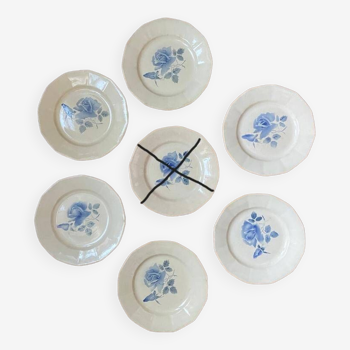 Set of 6 Digoin vintage cream dinner plates, stencilled blue rose pattern