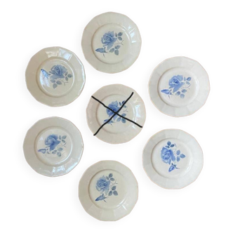 Set of 6 Digoin vintage cream dinner plates, stencilled blue rose pattern