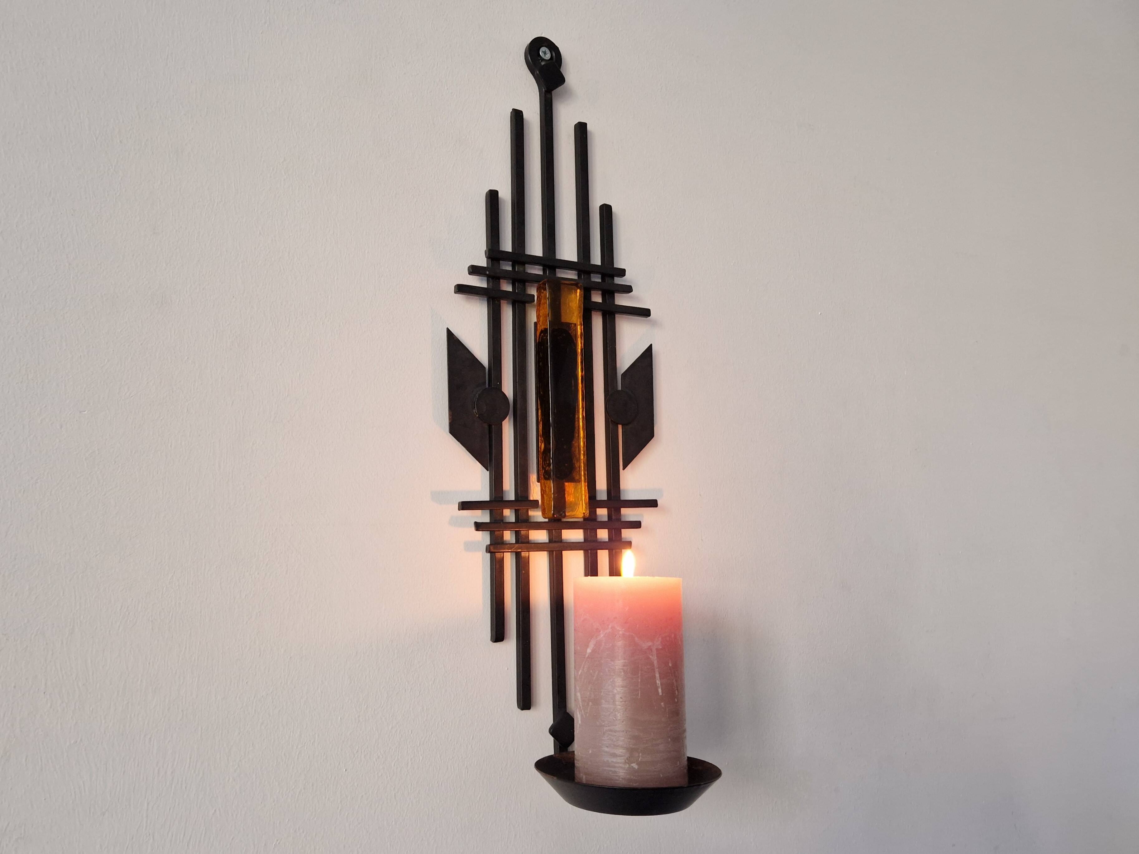 Sculptural Iron and orange glass wall candle holder for Dantoft, Denmark 1960's/1970's