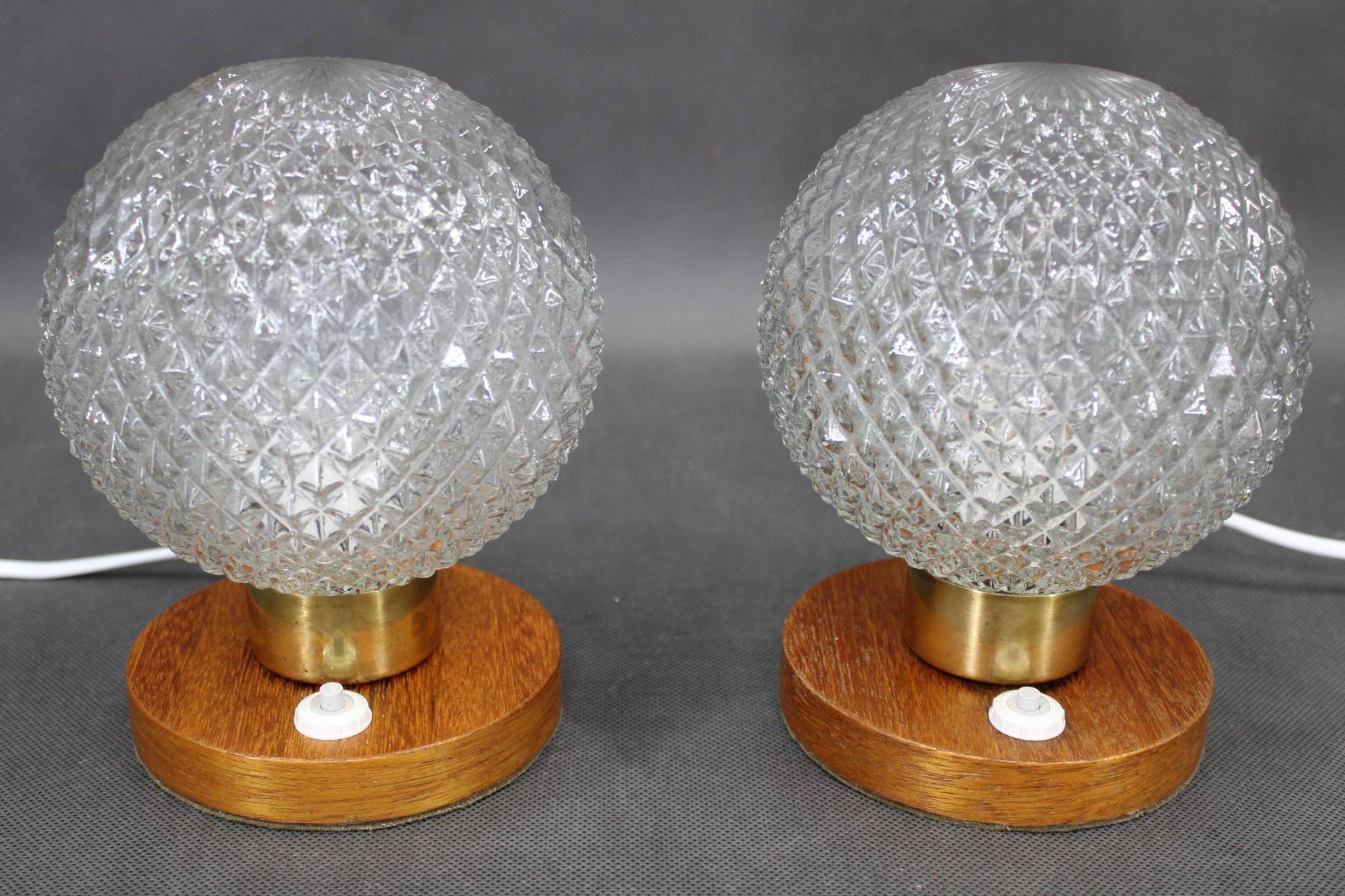 Pair of mid-century glass and wood table lamps, Czechoslovakia, 1970s