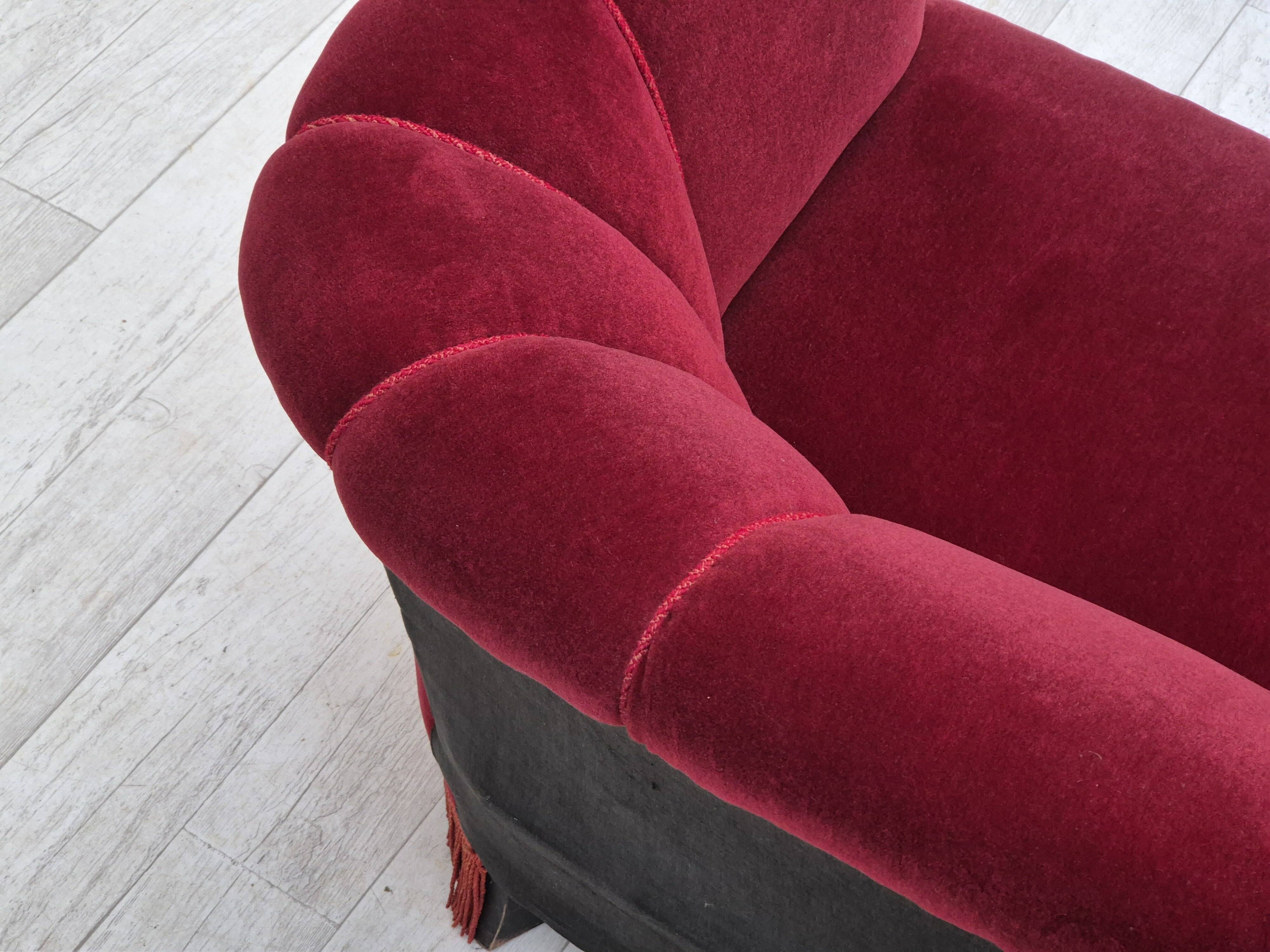 1960s, Danish 3 seater sofa, original condition, cherry-red furniture velour.