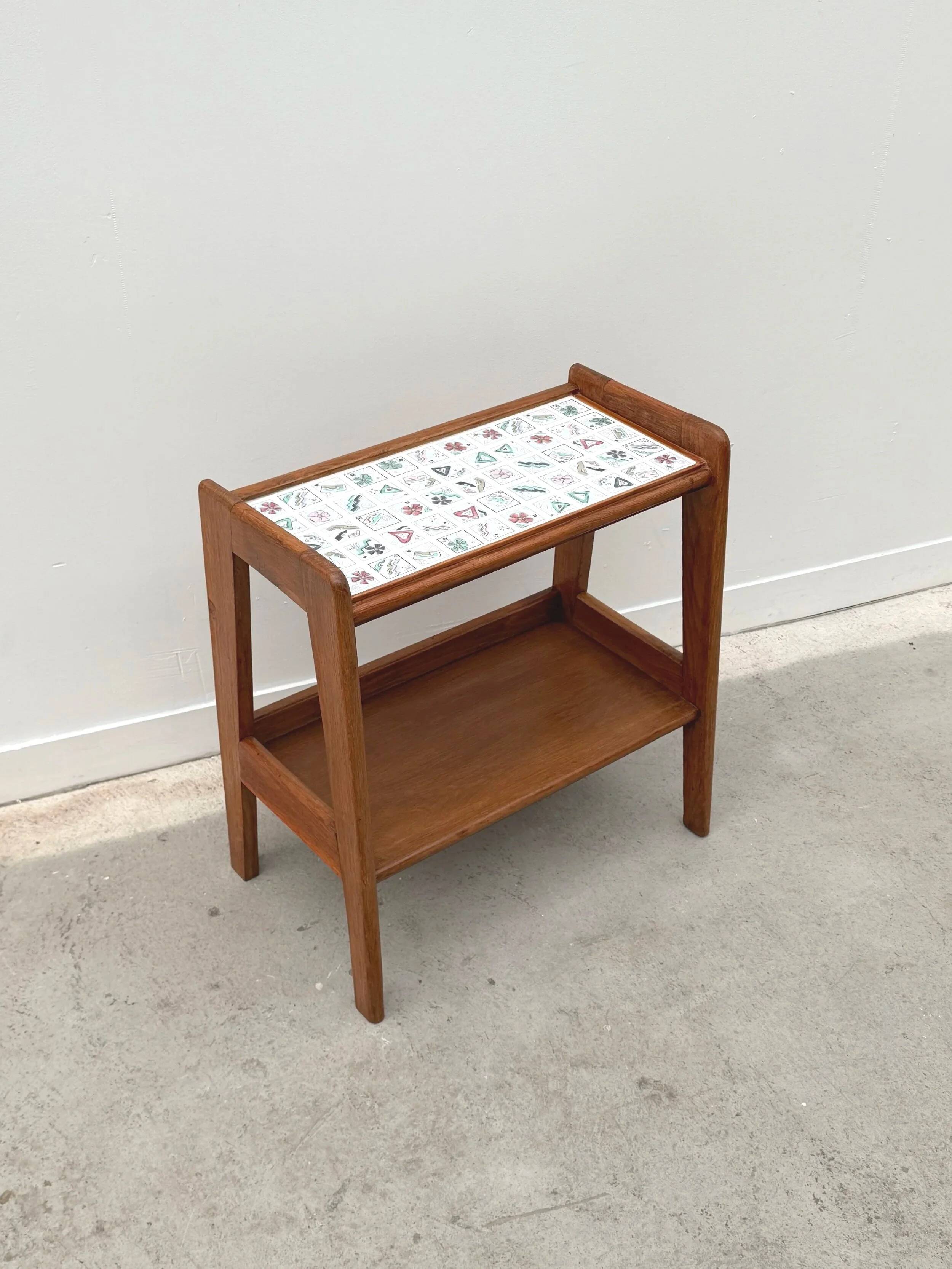 Side table in wood and ceramic, France 1950