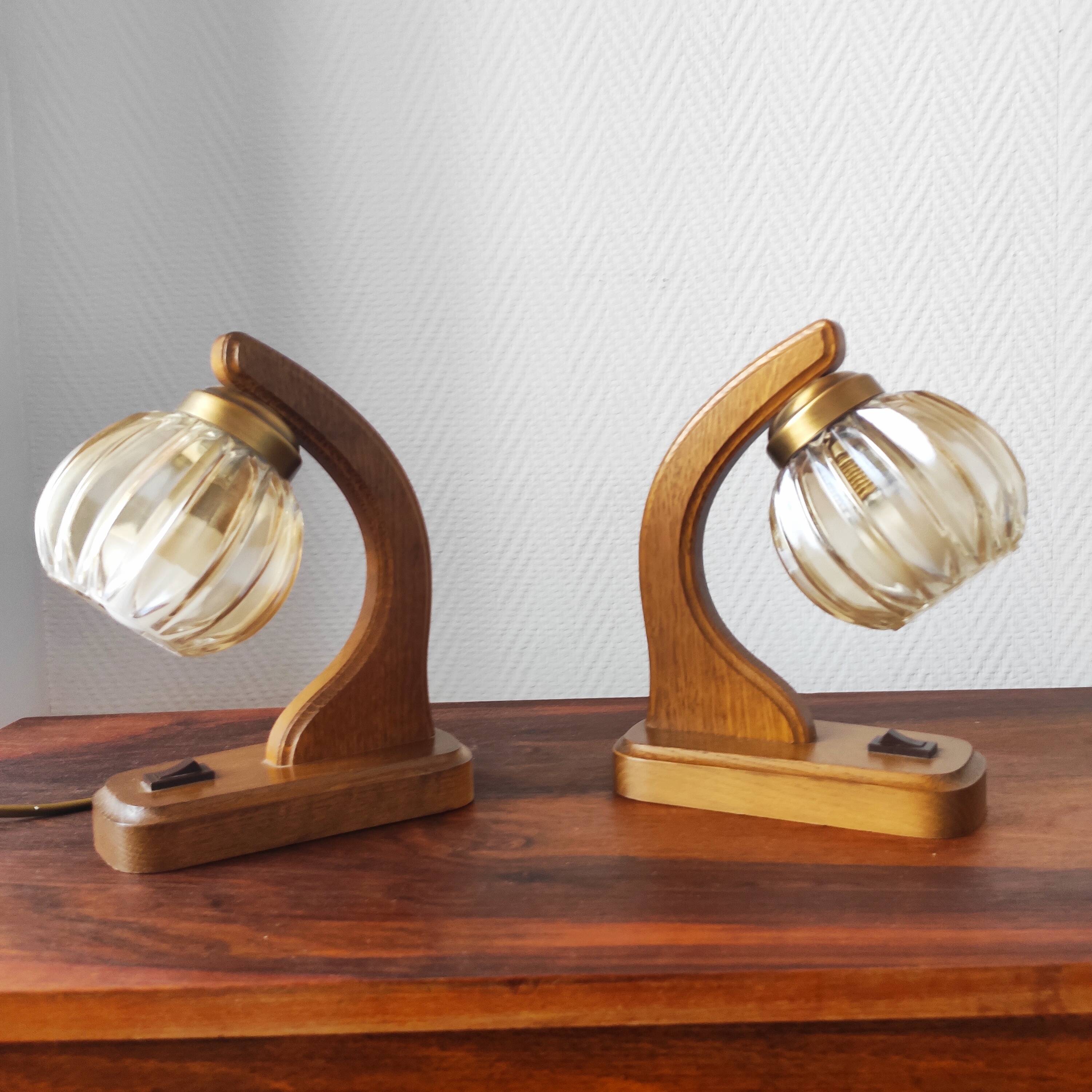 Pair of vintage 1970s mid-century Scandinavian lamps with amber globe.