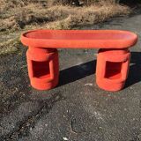 Vintage coral fabric dressing table set, 6 pieces (table, mirror, ottoman, bedside table)