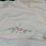 Hand embroidered sheet pink flowers green foliage