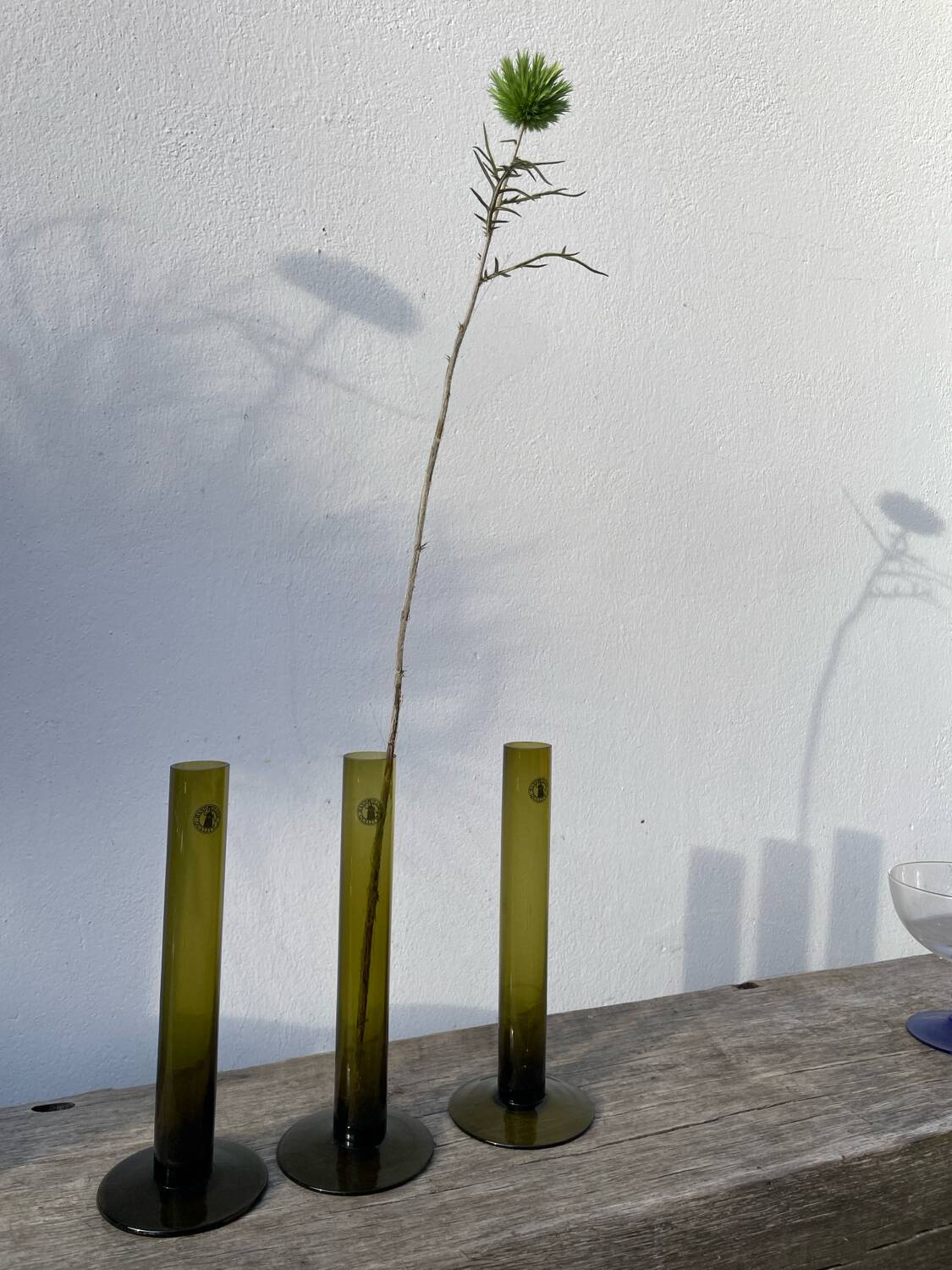 Trio de soliflore en verre vert olive / vases tubes