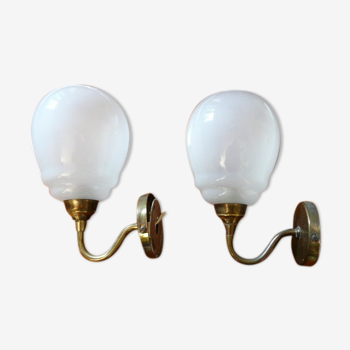 Pair of brass and glass wall lamps 60s gooseneck
