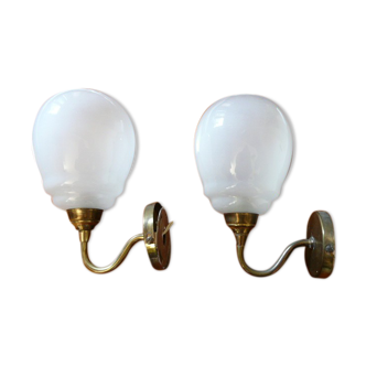 Pair of brass and glass wall lamps 60s gooseneck