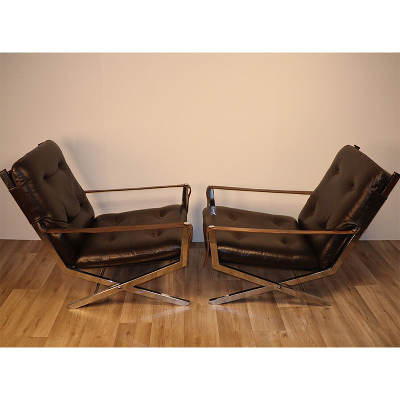 Pair of leather and chrome metal armchairs 1970