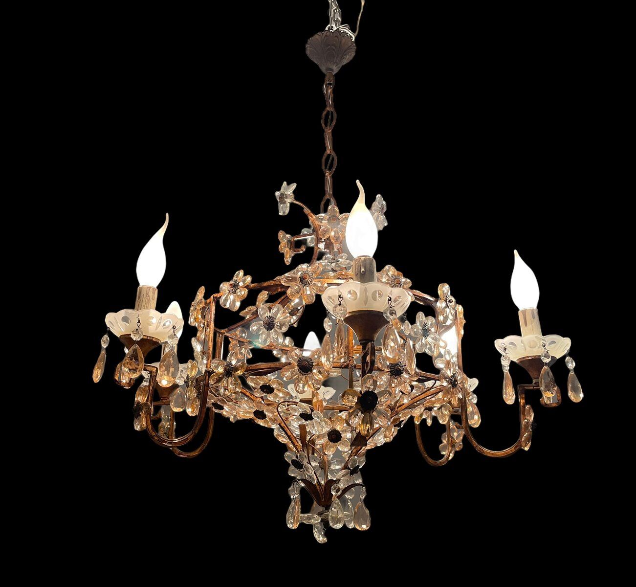 Italian Pink Murano Glass Flower Chandelier, 1950s
