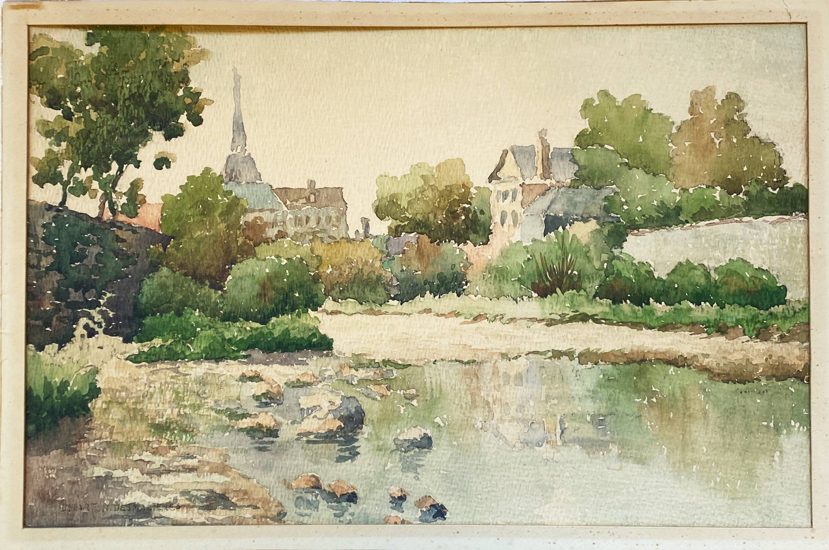 Painting "the village with the bell tower" by charton-desmazieres (xix-xx) watercolor