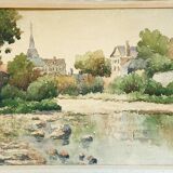 Painting "the village with the bell tower" by charton-desmazieres (xix-xx) watercolor