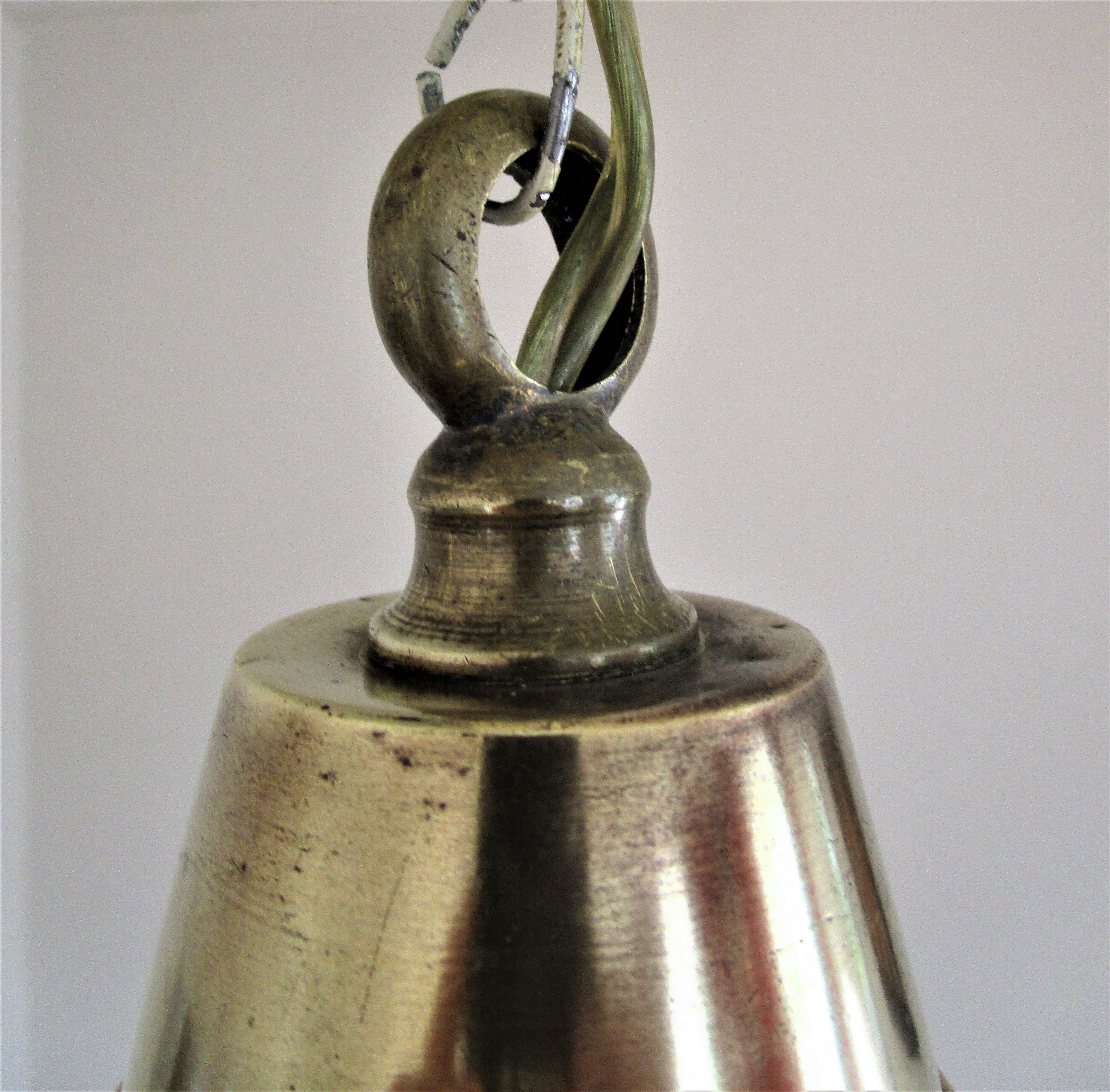 Holophane glass suspension and vintage patinated brass