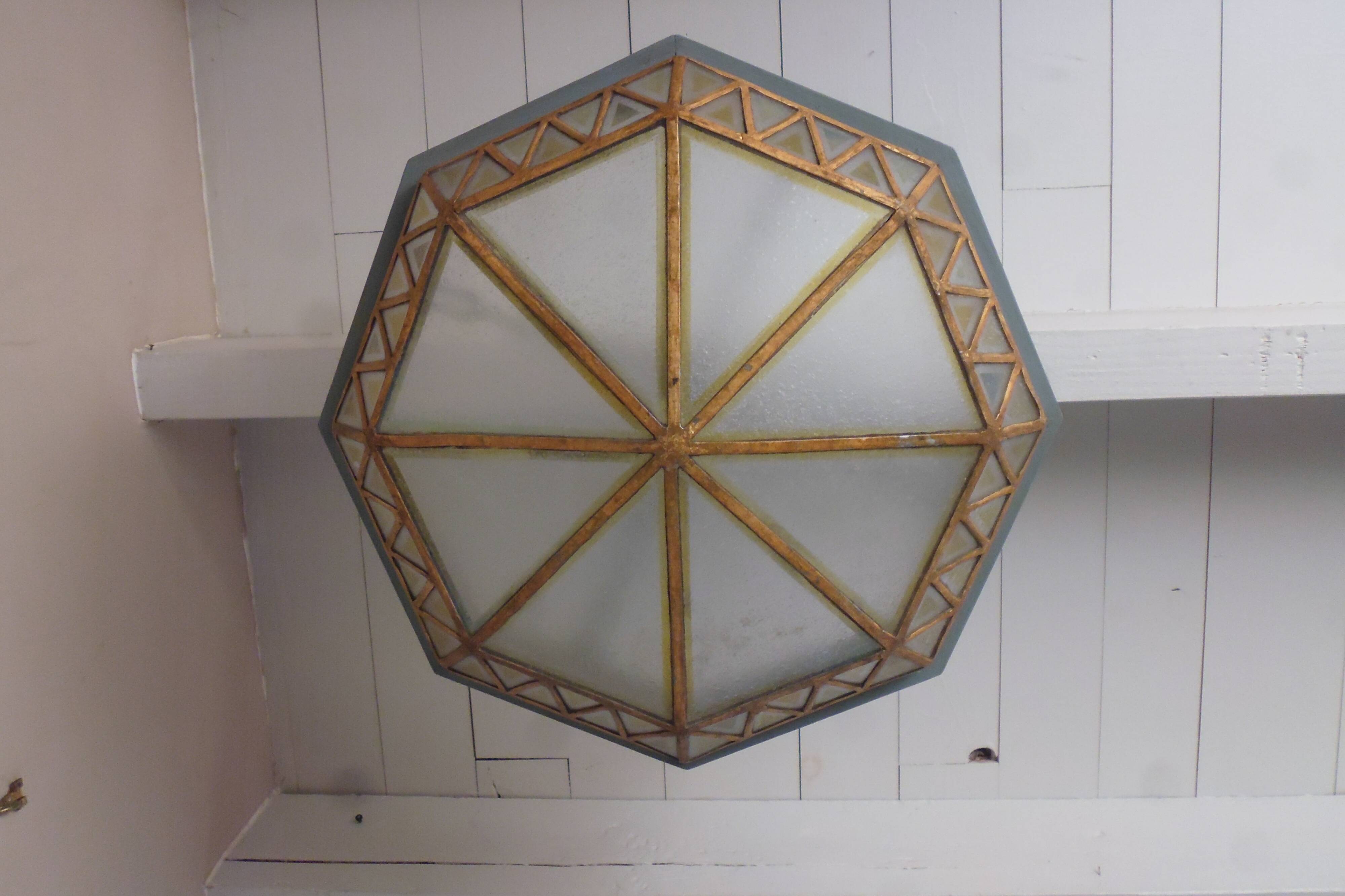 Large octagonal ceiling art deco wood and 1940s bubbled glass