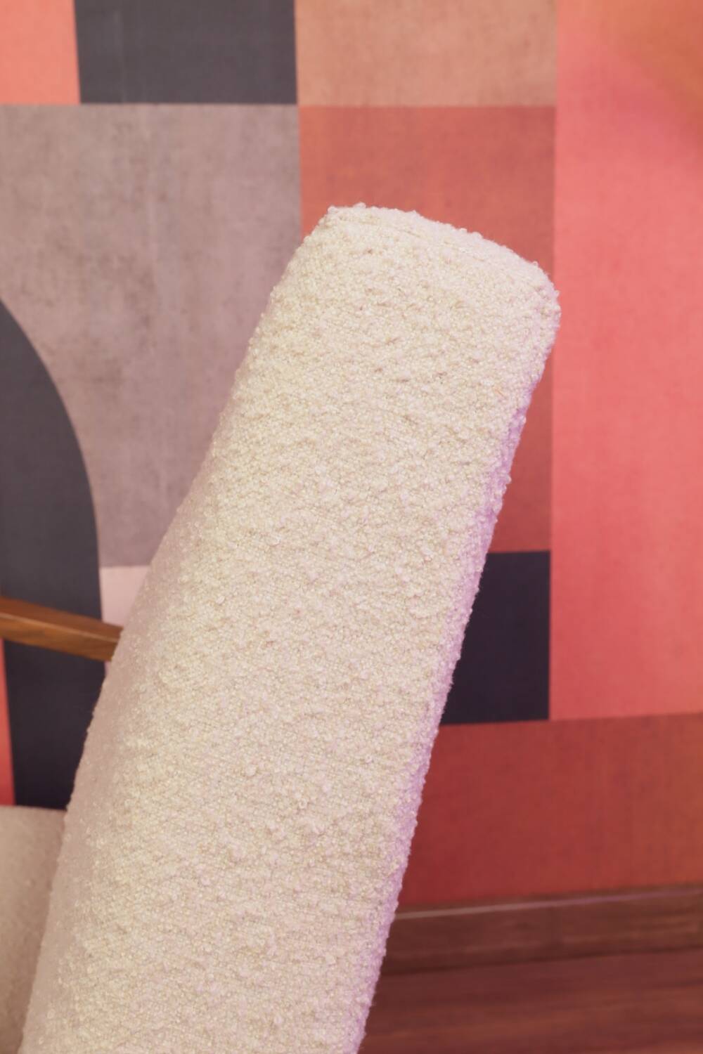 Vintage beige bouclé armchair with walnut wood from the 1950s.