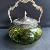 Biscuitier verre vert absinthe et métal argenté