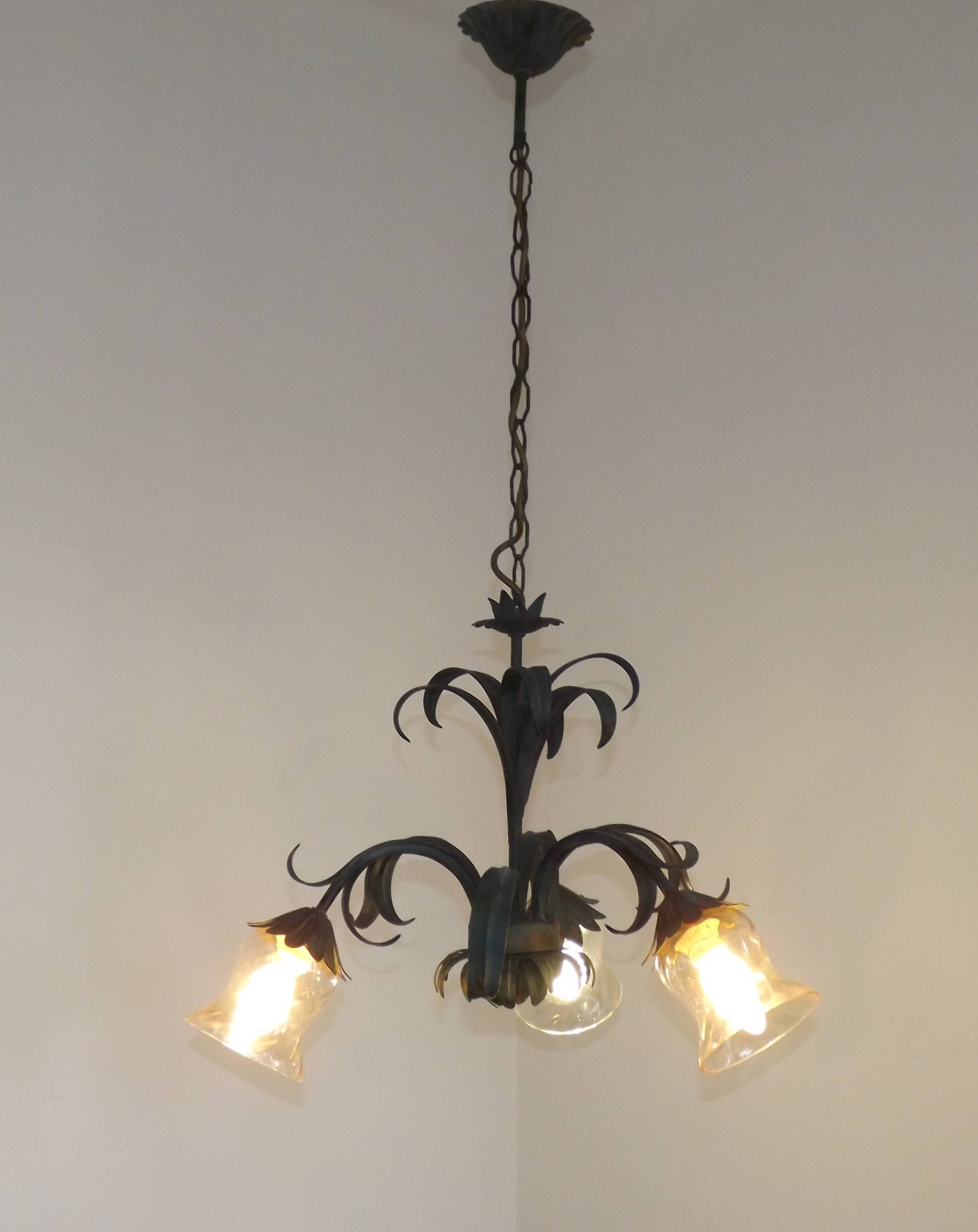 French vintage chandelier 3 lights green leaf amber glass 4966