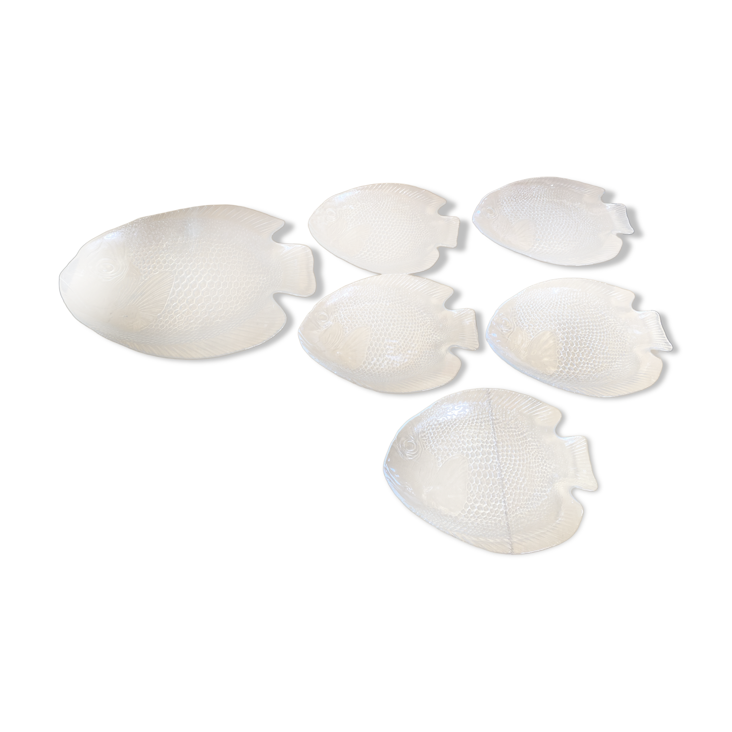 Plate + 5 ARCOROC Fish Shape Glass Mould Plates + Vintage Box #