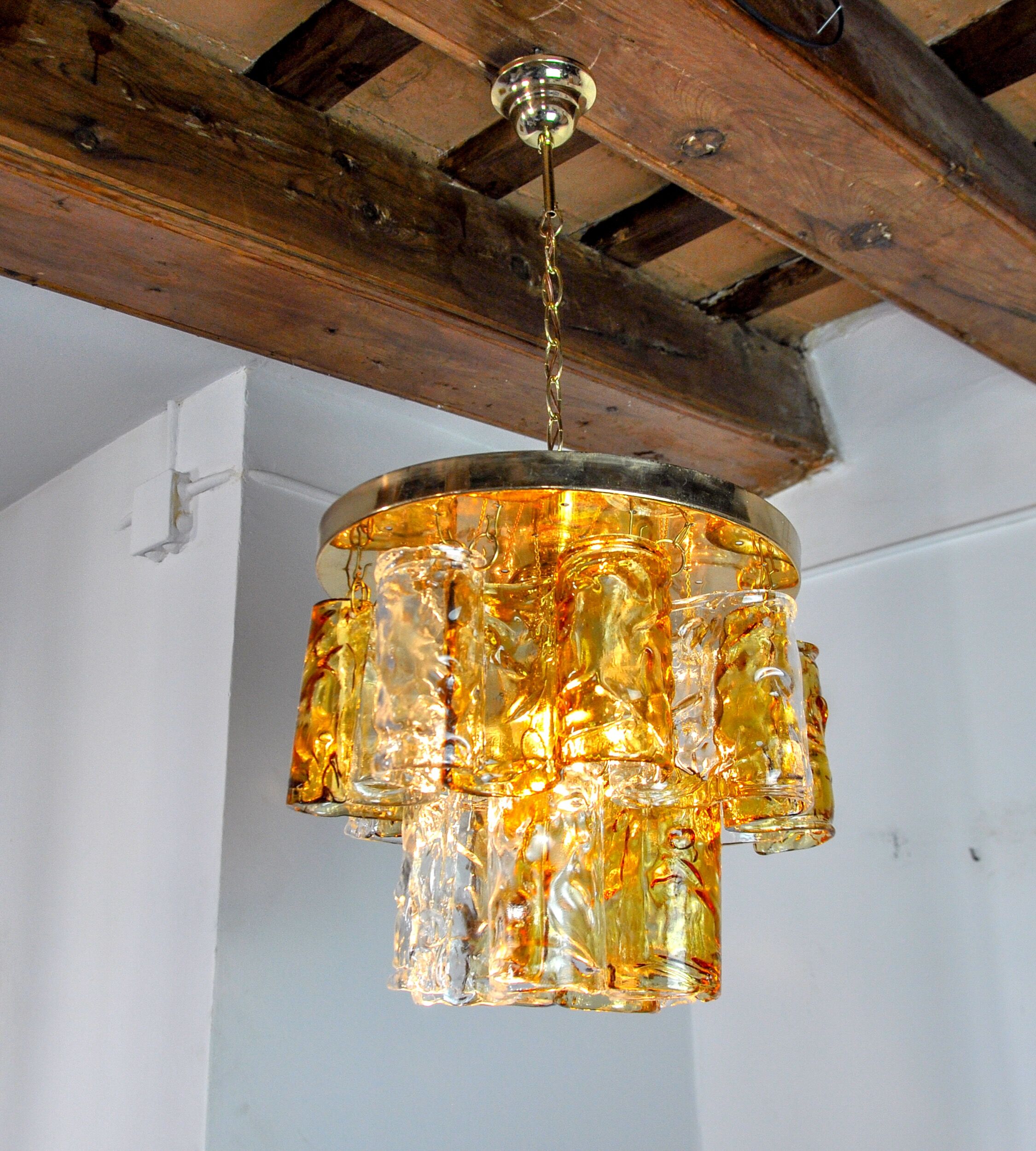 Two-tone chandelier by Zero Quattro, orange and transparent murano glass, Italy, 1970