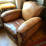 Pair armchairs club leather mustache art deco