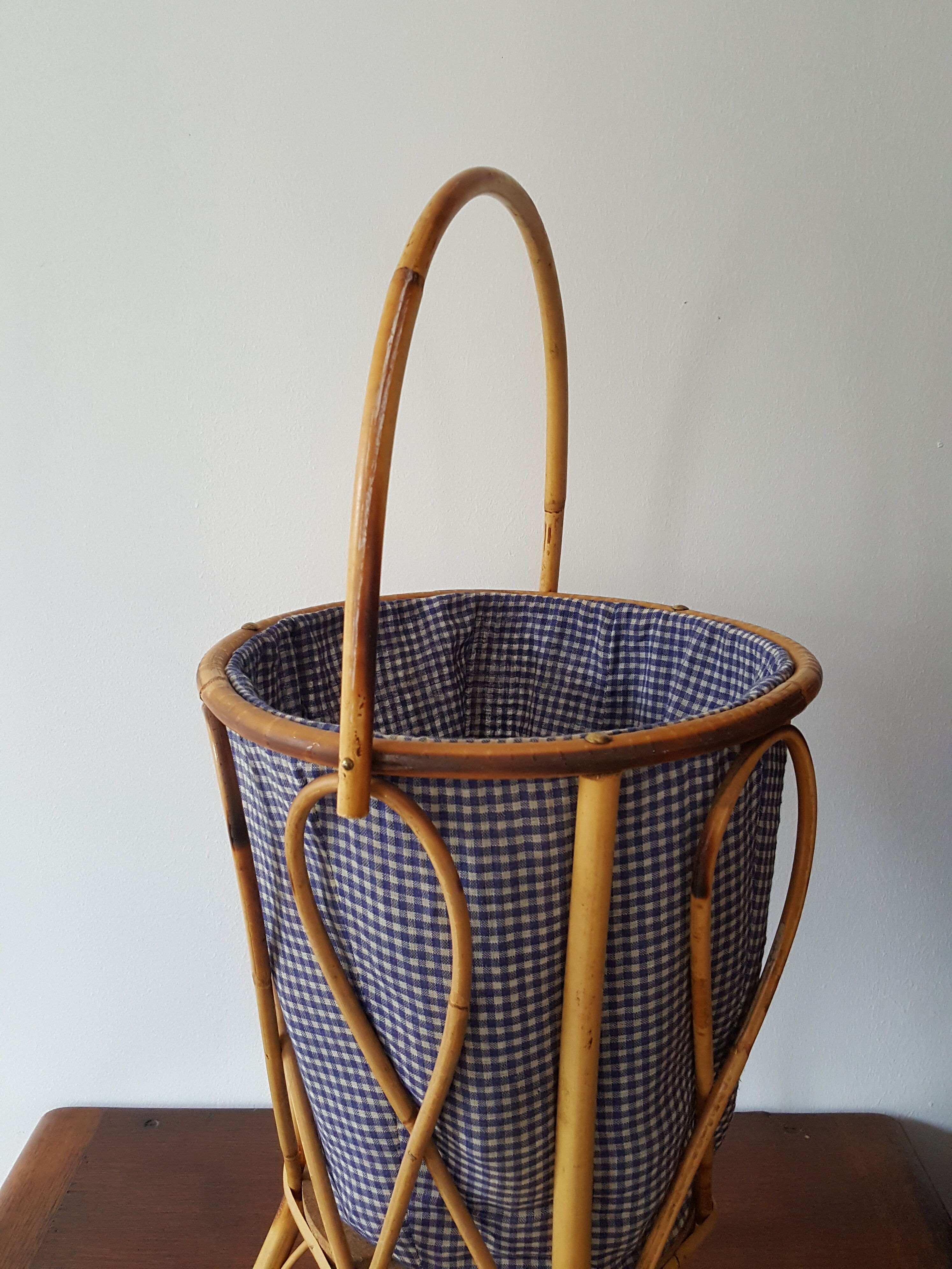 Worker sewing box rattan wicker vichy blue fabric
