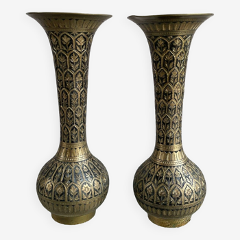 Paire vase métal noir et or