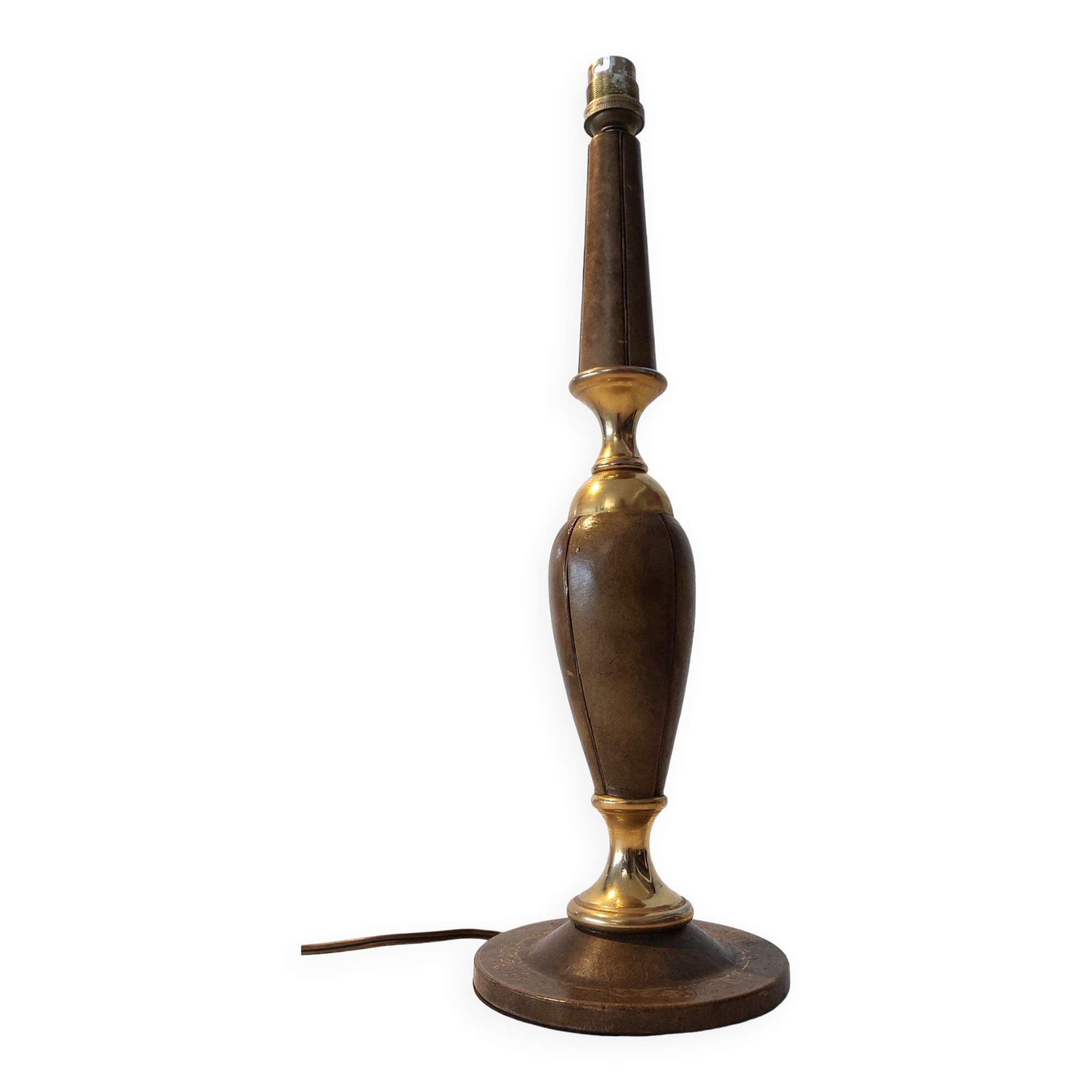 Le Tanneur 1960 lamp stand in leather and gilded brass