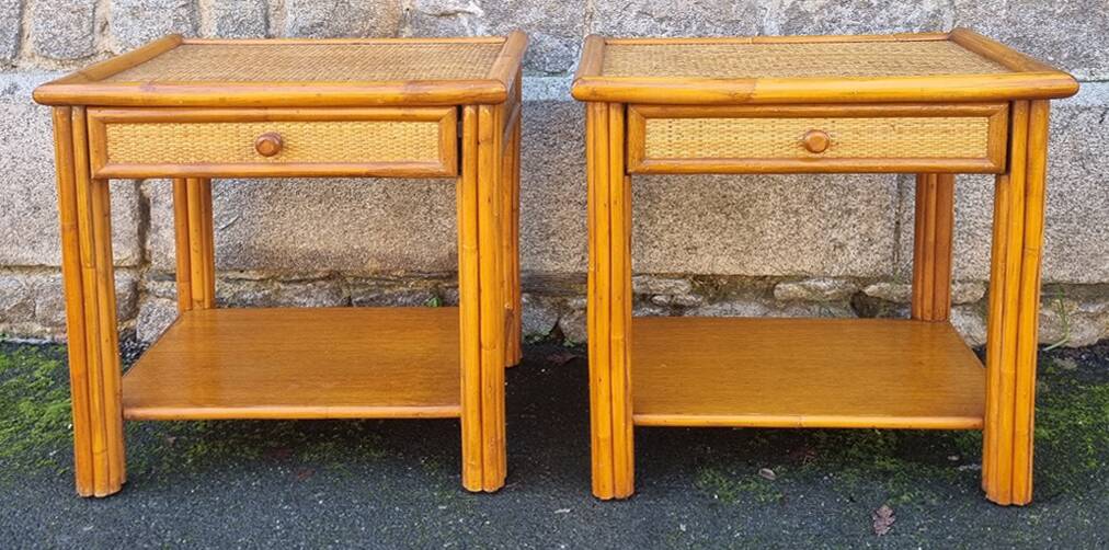 Pair of Maugrion bedside tables for Roche Bobois, bamboo, rattan 70s
