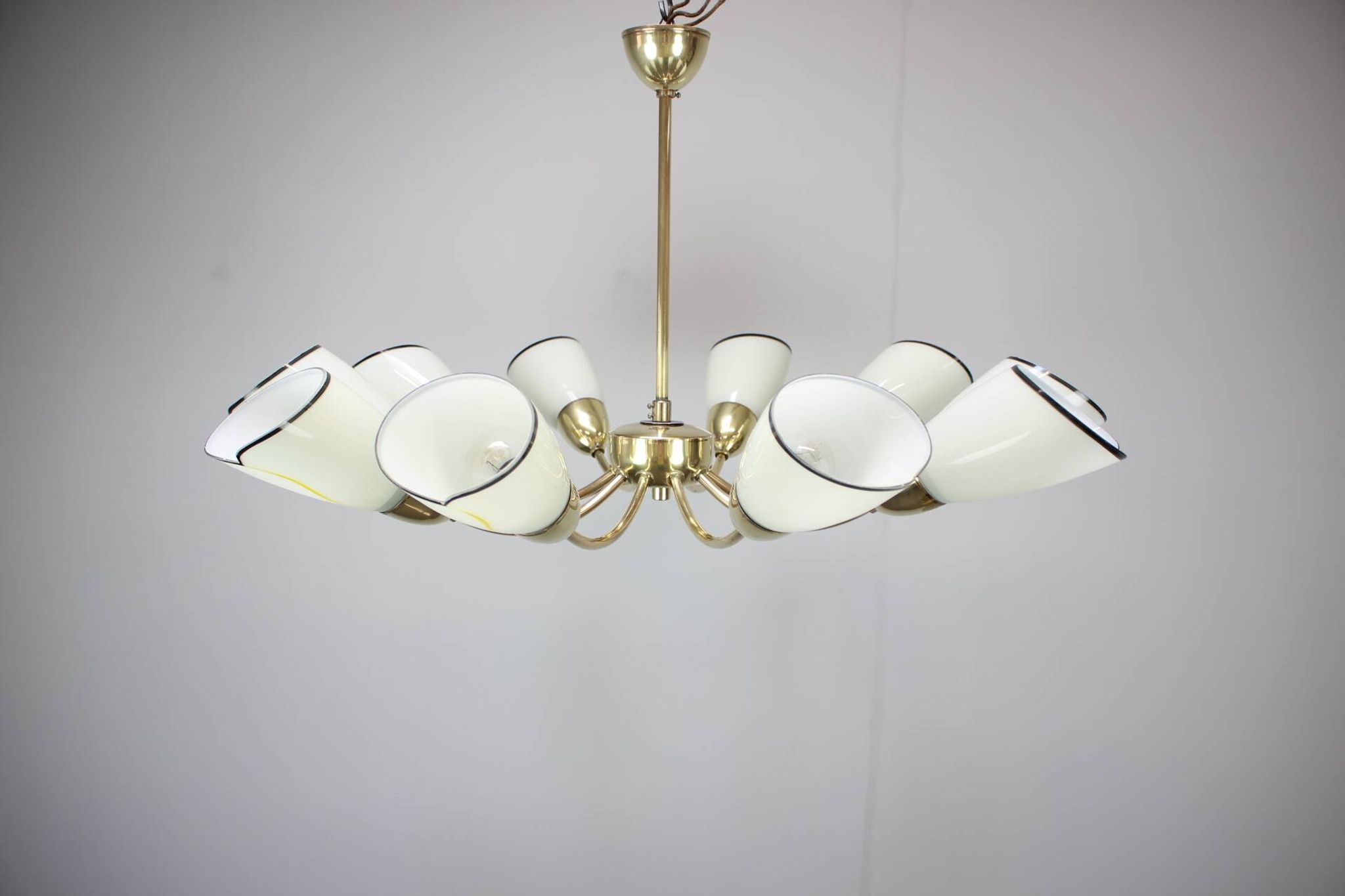 Brass and glass ten-arm chandelier from the mid-century, 1960s.
